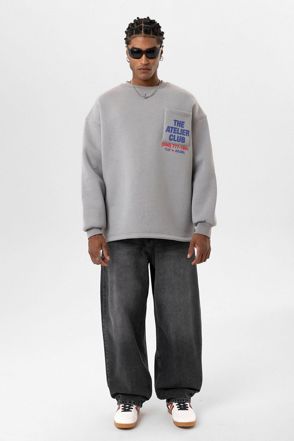 Yazı Baskılı Oversize Sweatshirt Gri
