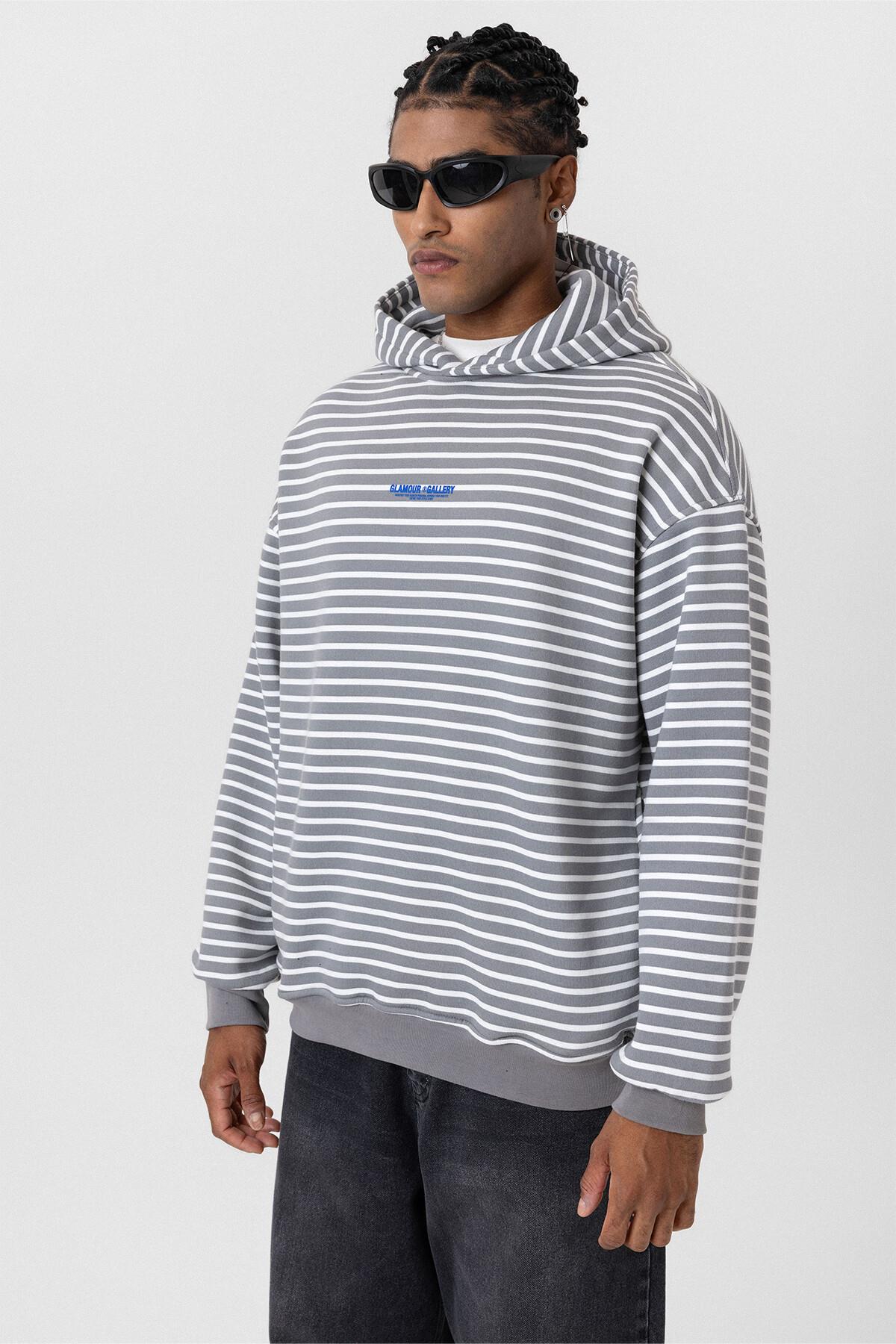 Yazı Detaylı Kapüşonlu Oversize Sweatshirt Gri