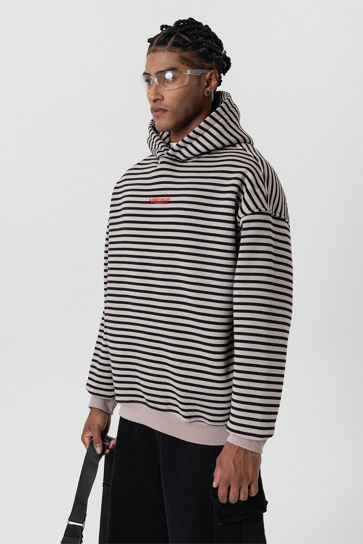Yazı Detaylı Kapüşonlu Oversize Sweatshirt Vizon