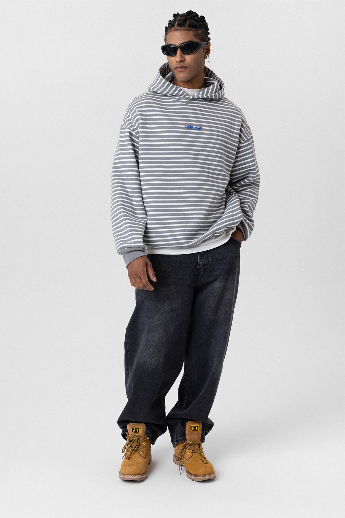 Yazı Detaylı Kapüşonlu Oversize Sweatshirt Gri