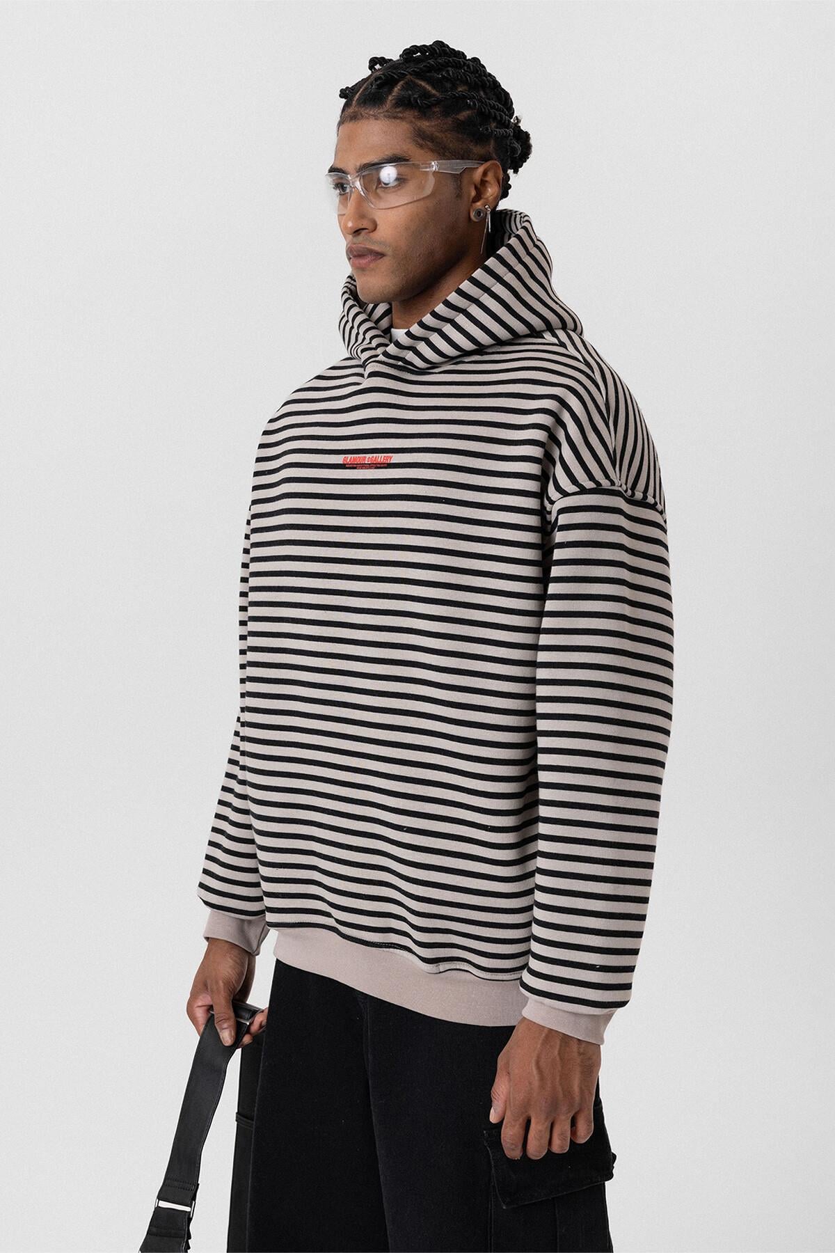 Yazı Detaylı Kapüşonlu Oversize Sweatshirt Vizon