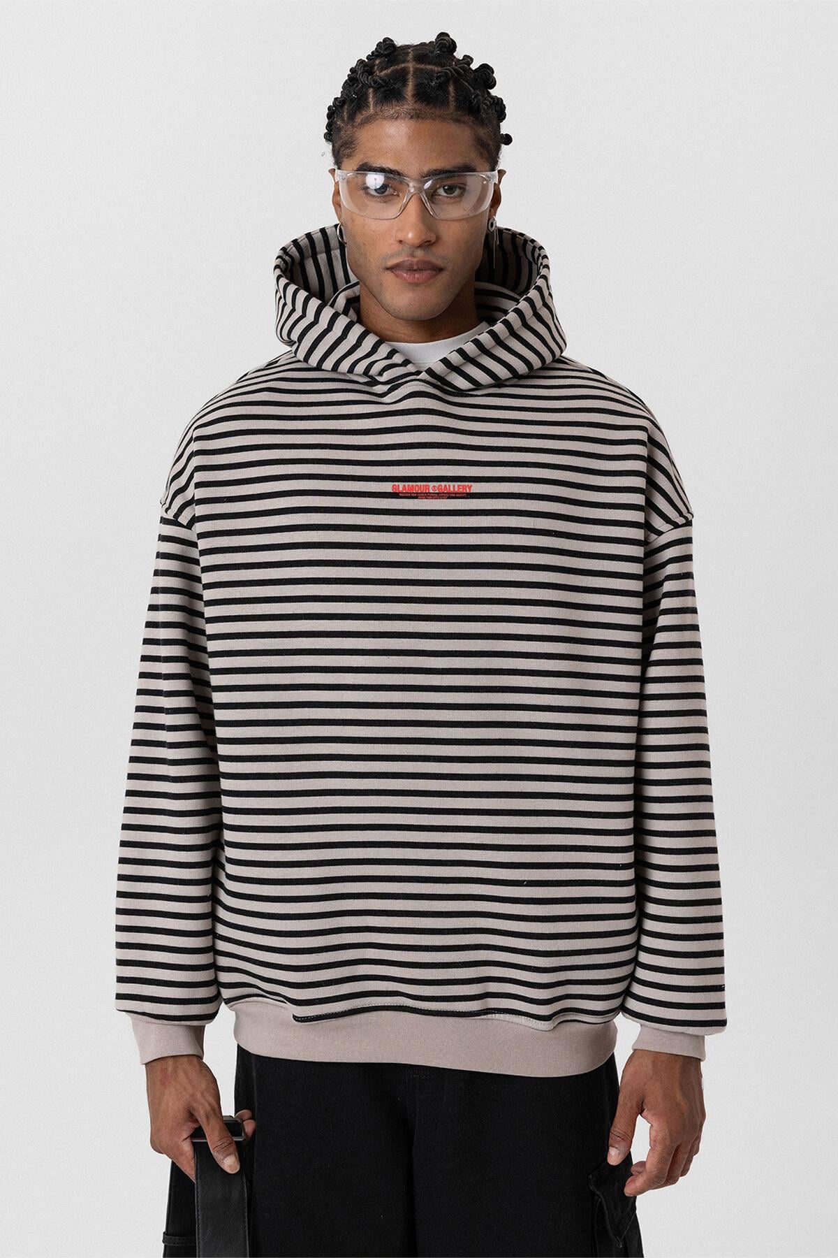 Yazı Detaylı Kapüşonlu Oversize Sweatshirt Vizon
