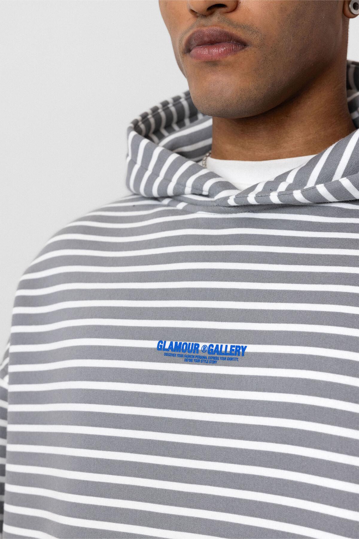 Yazı Detaylı Kapüşonlu Oversize Sweatshirt Gri