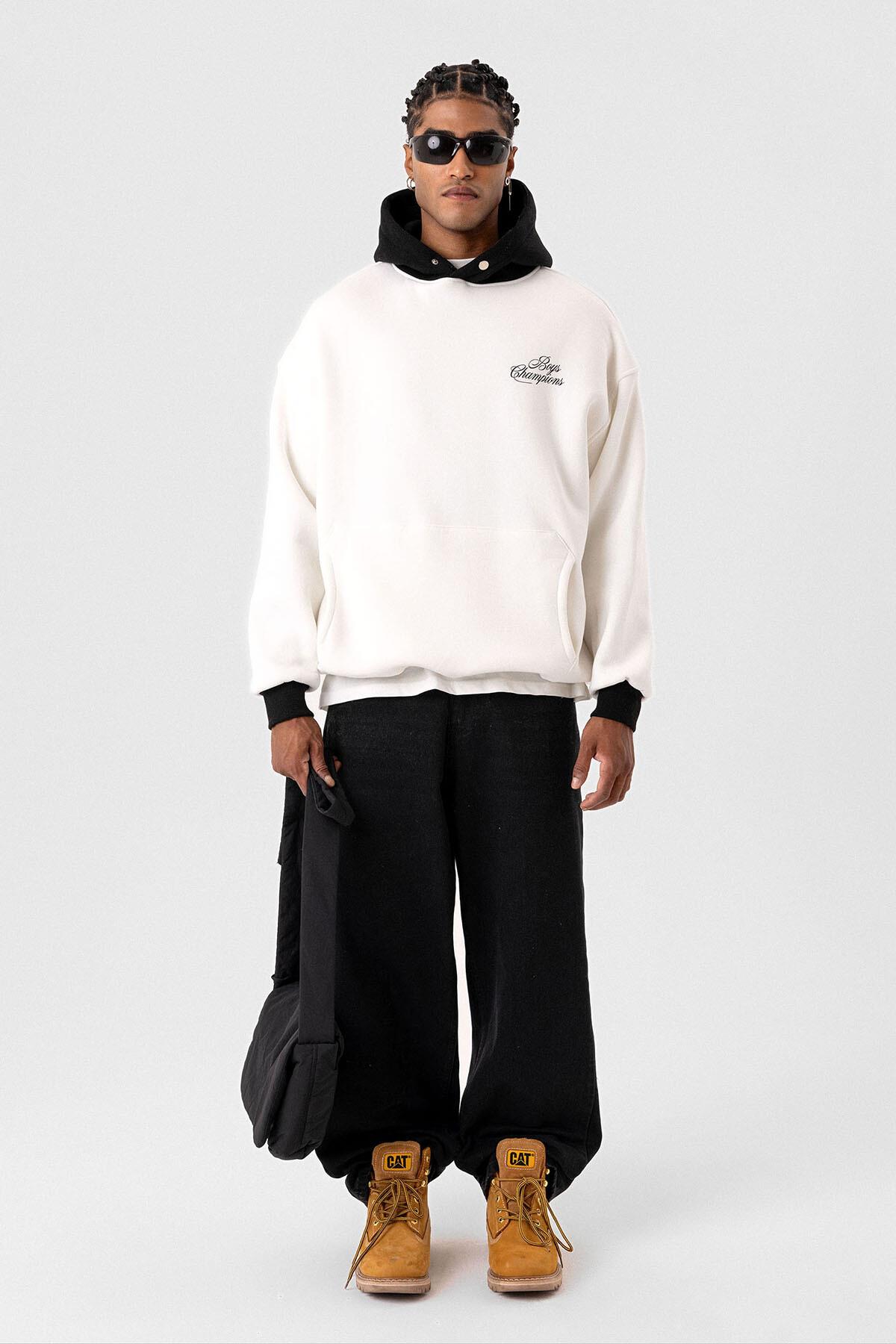 Yazı Detaylı Oversize Kapüşonlu Sweatshirt Ekru