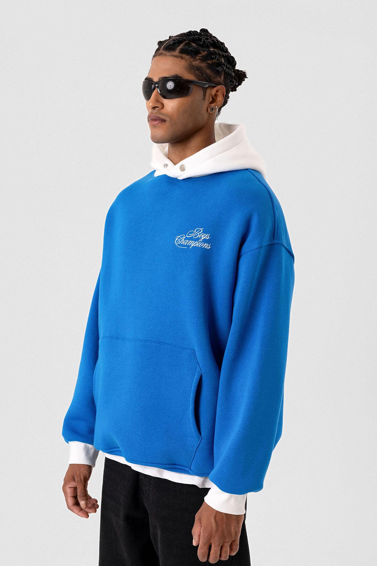 Yazı Detaylı Oversize Kapüşonlu Sweatshirt Turkuaz
