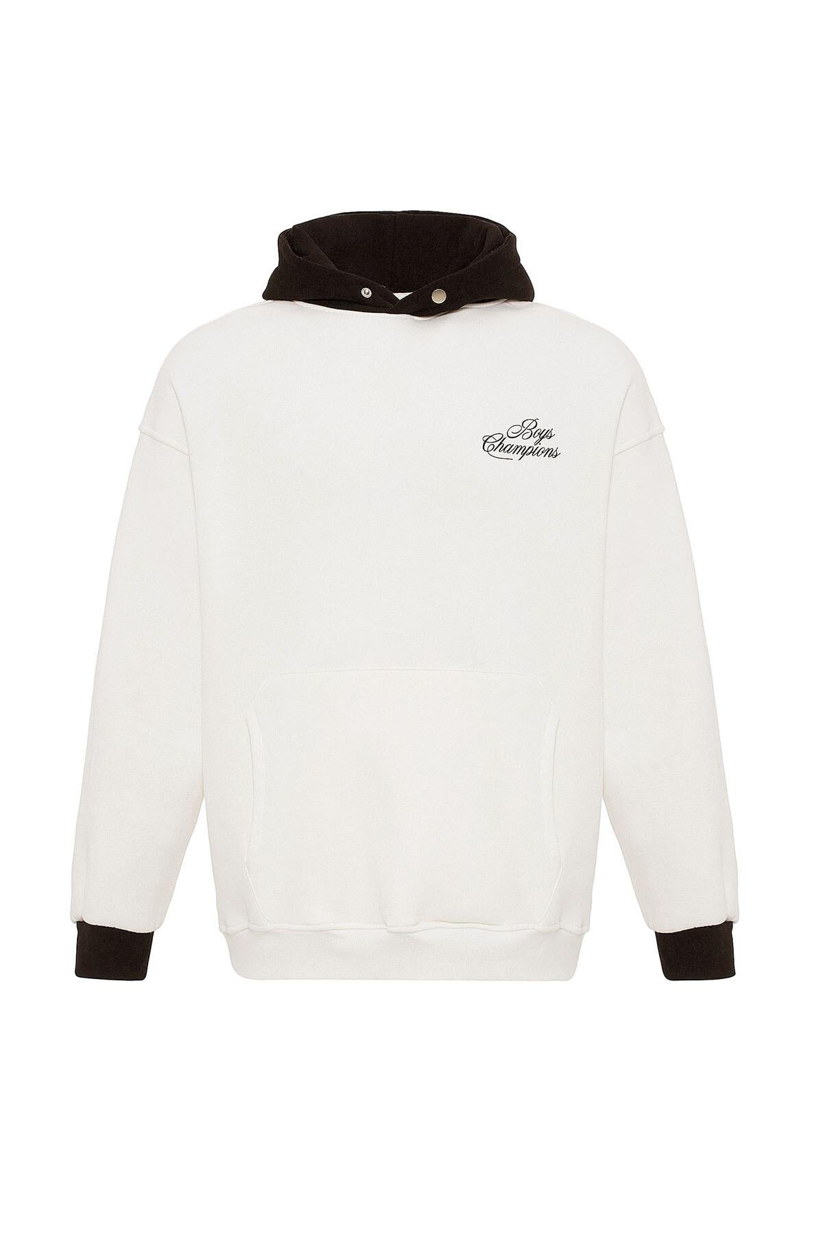 Yazı Detaylı Oversize Kapüşonlu Sweatshirt Ekru