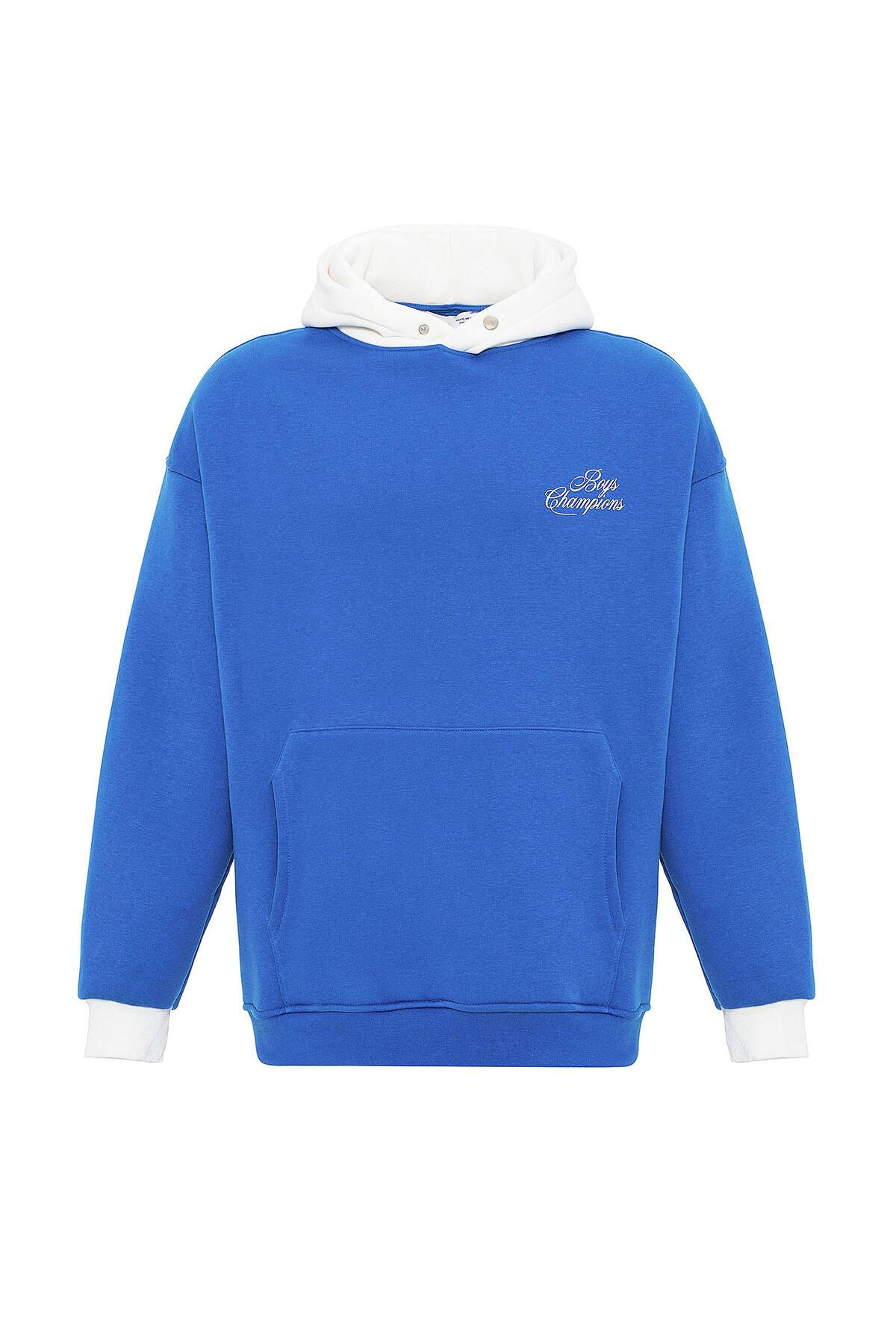 Yazı Detaylı Oversize Kapüşonlu Sweatshirt Turkuaz