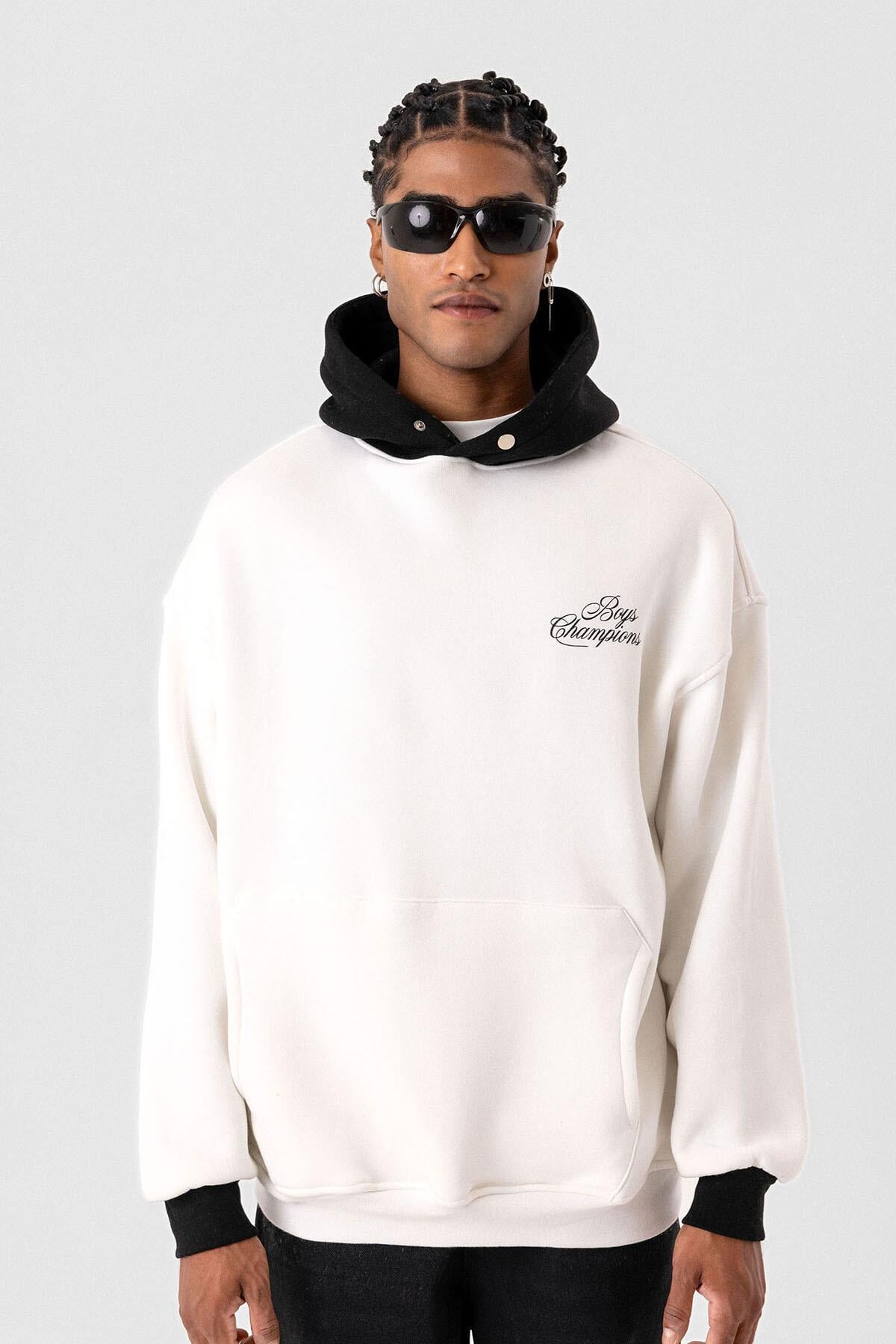 Yazı Detaylı Oversize Kapüşonlu Sweatshirt Ekru