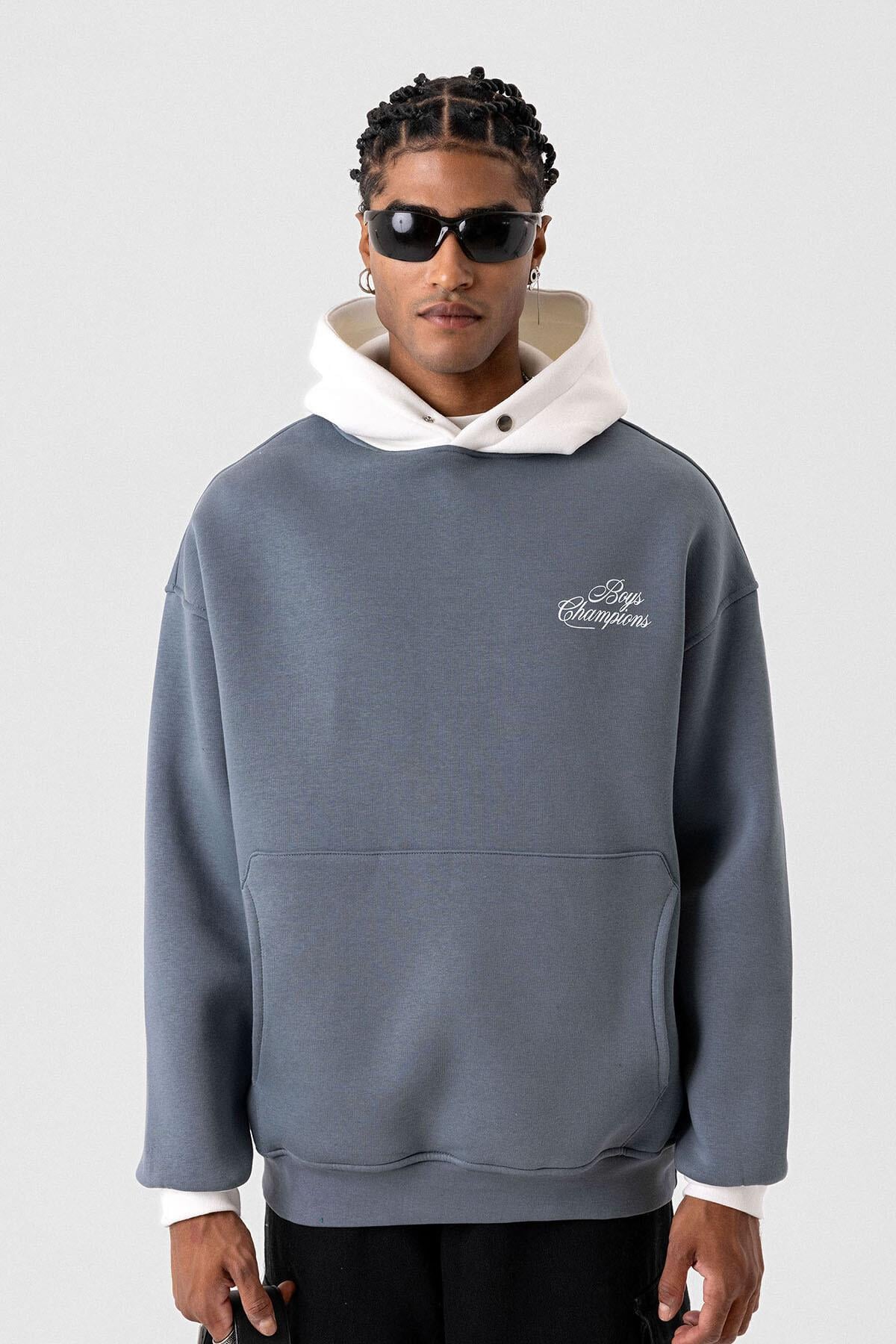 Yazı Detaylı Oversize Kapüşonlu Sweatshirt Açık Füme