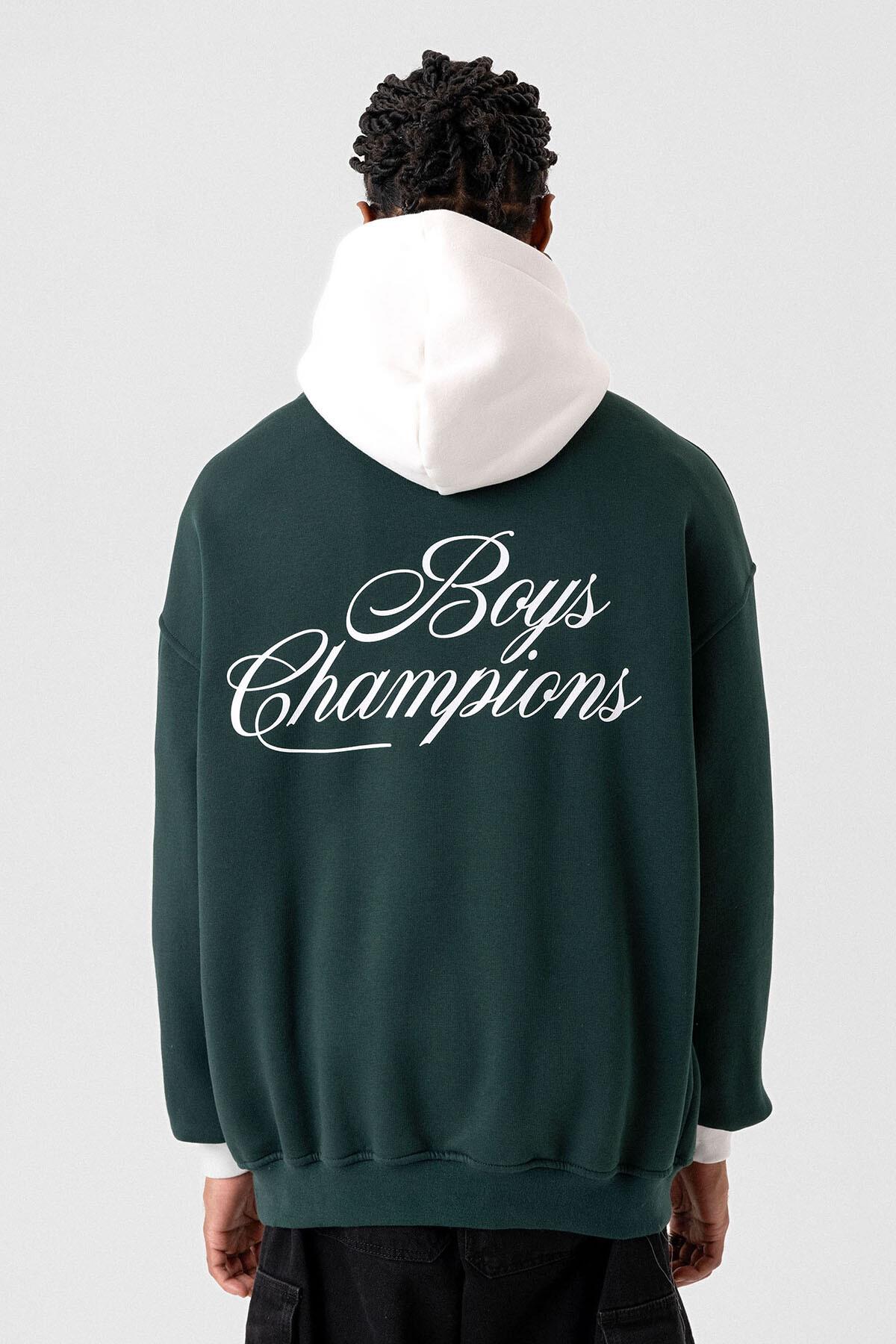 Yazı Detaylı Oversize Kapüşonlu Sweatshirt Nefti