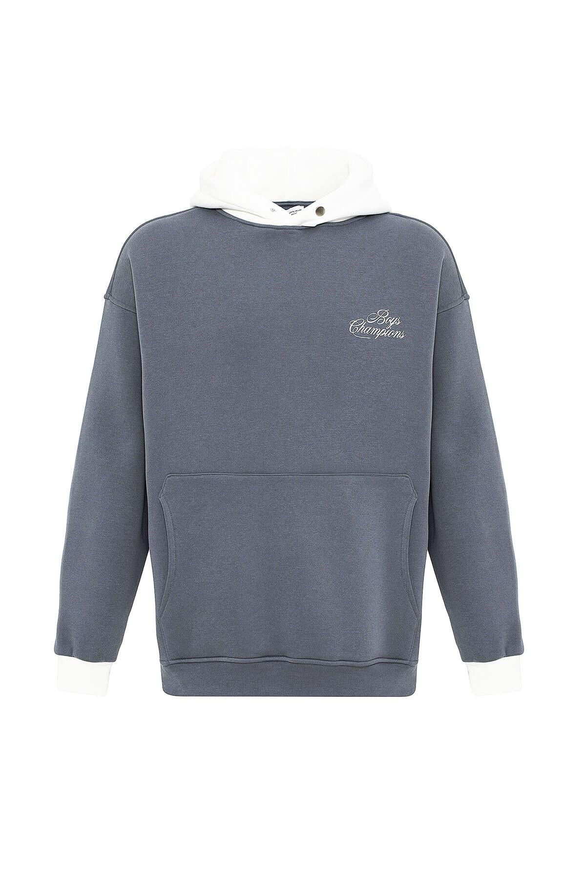 Yazı Detaylı Oversize Kapüşonlu Sweatshirt Açık Füme