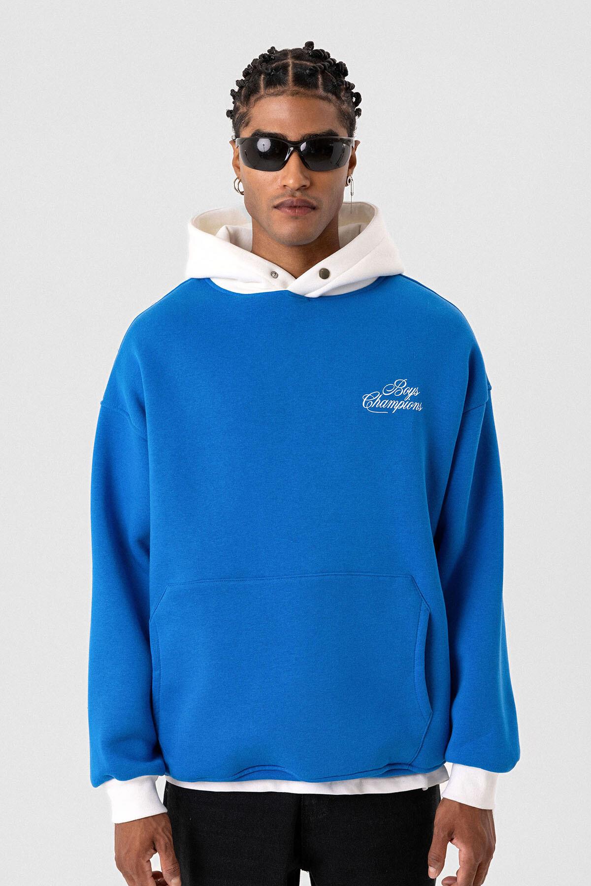 Yazı Detaylı Oversize Kapüşonlu Sweatshirt Turkuaz