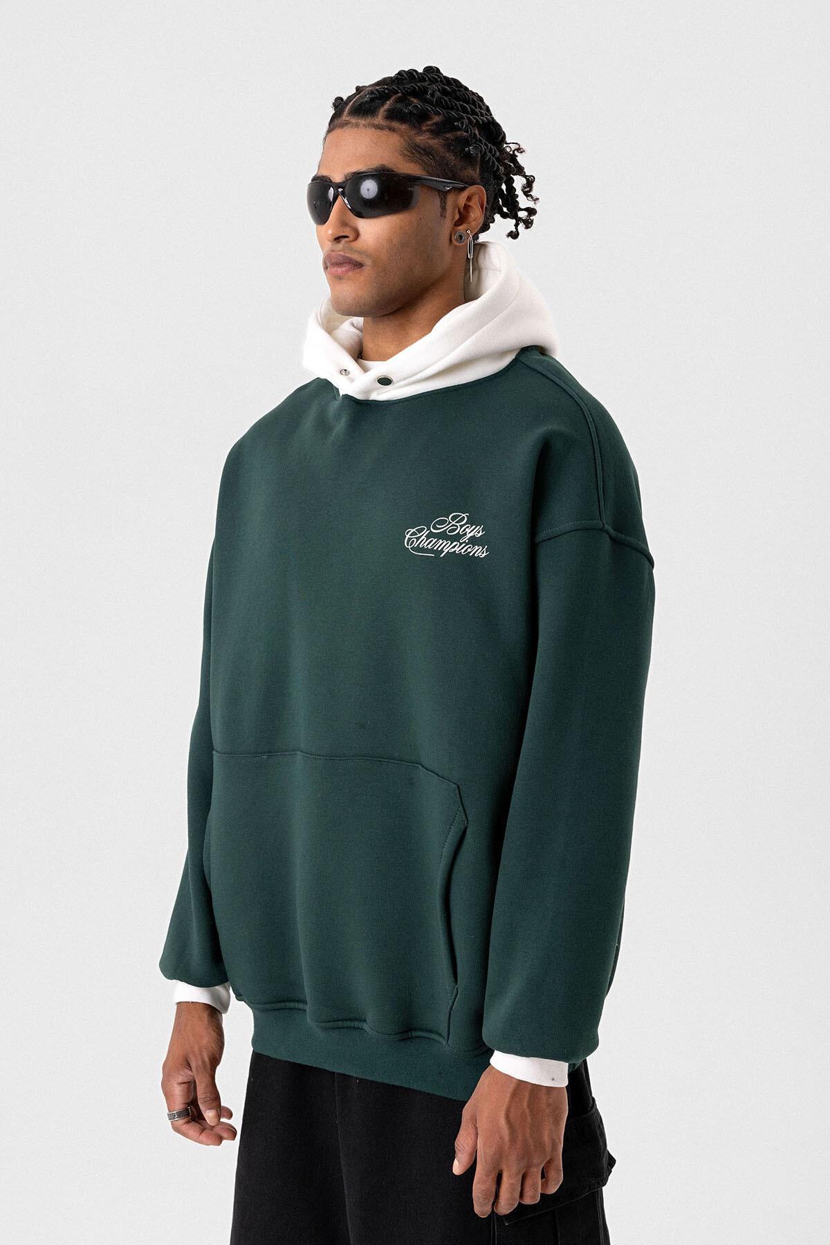 Yazı Detaylı Oversize Kapüşonlu Sweatshirt Nefti