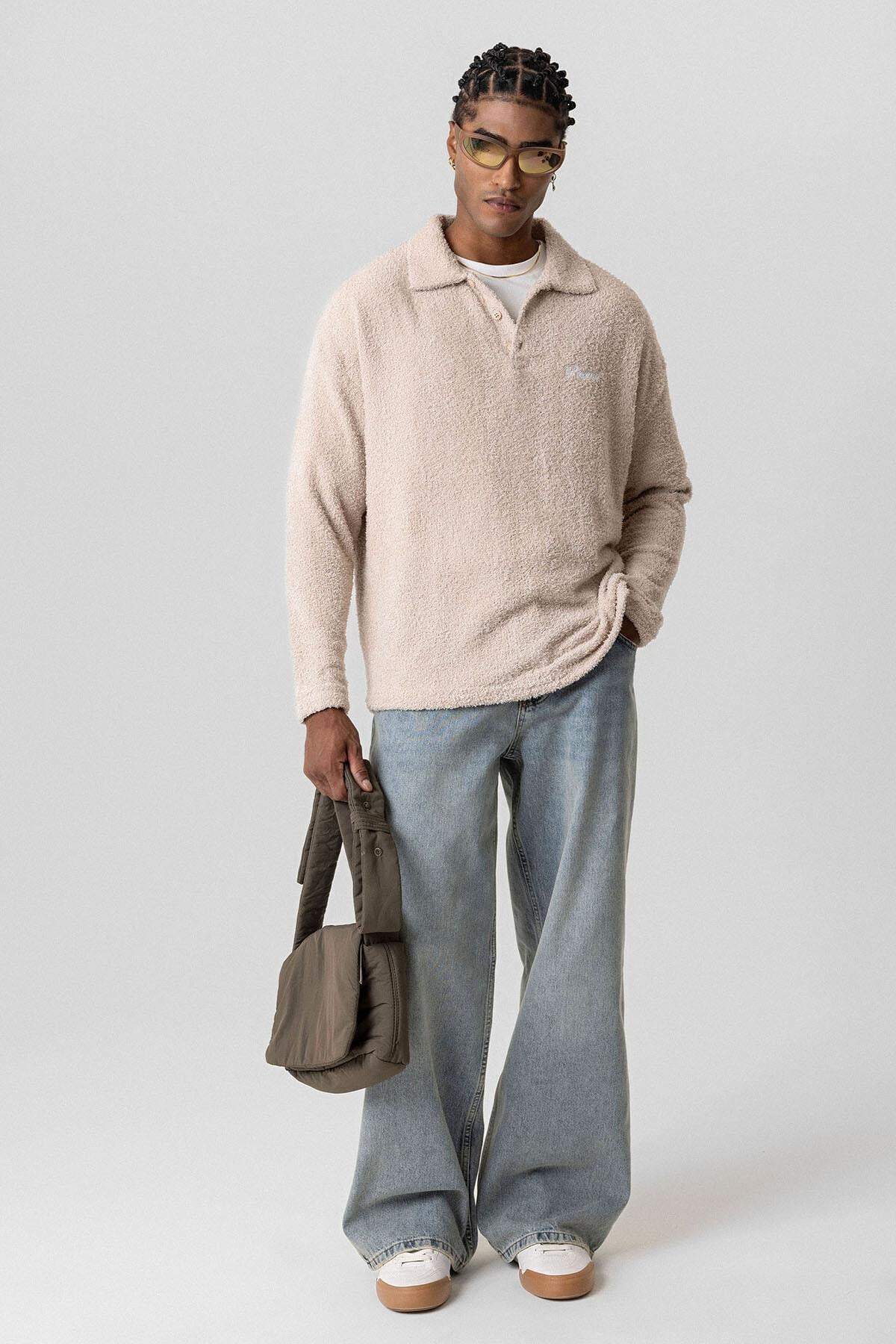 Yazı Detaylı Oversize Sweatshirt Taş