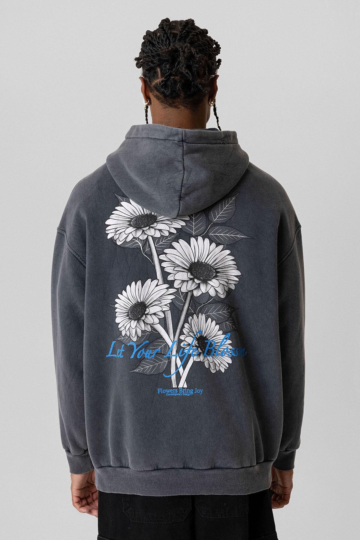 Yazı Detaylı Yıkamalı Oversize Sweatshirt Siyah