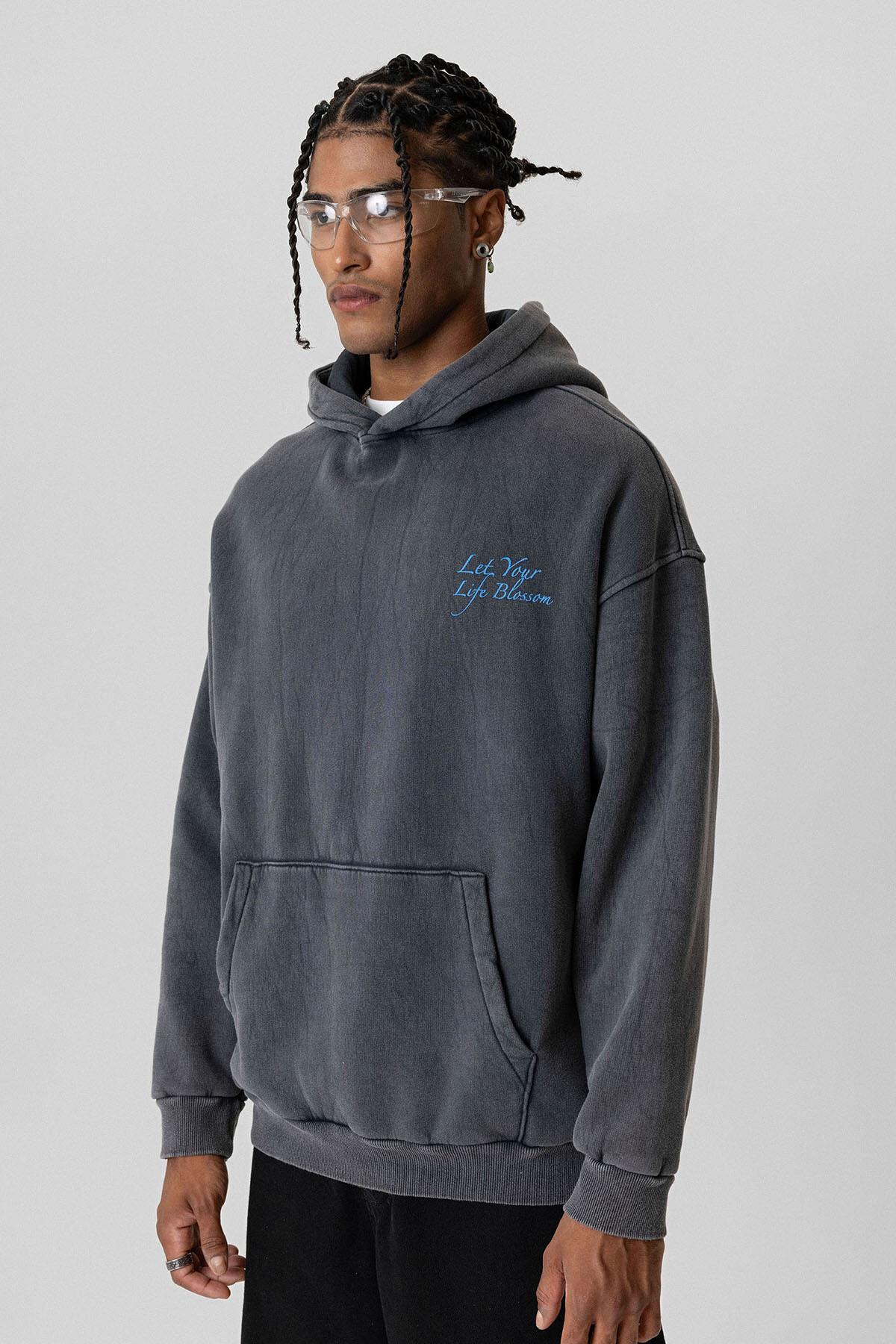 Yazı Detaylı Yıkamalı Oversize Sweatshirt Siyah