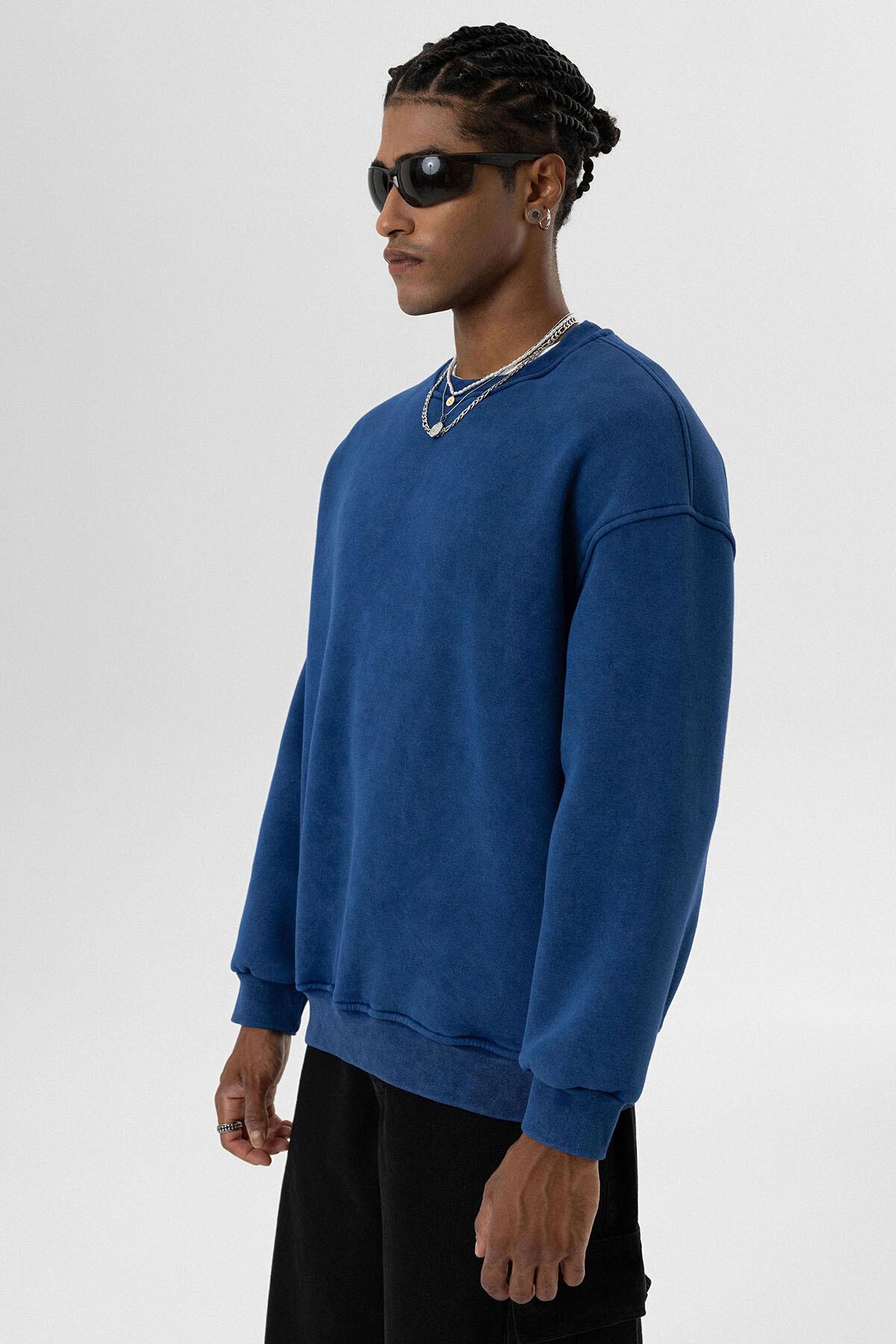 Yıkamalı Basıc Oversize Sweatshirt İndigo