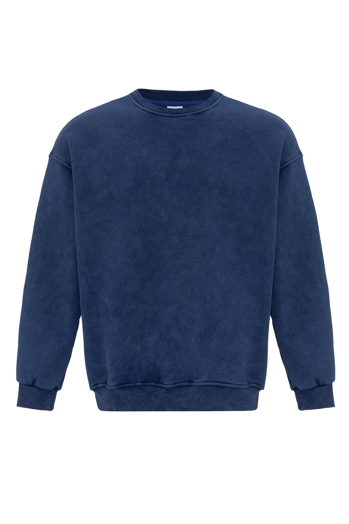 Yıkamalı Basıc Oversize Sweatshirt İndigo