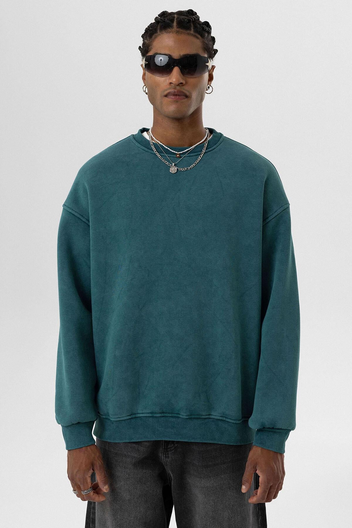 Yıkamalı Basıc Oversize Sweatshirt Petrol