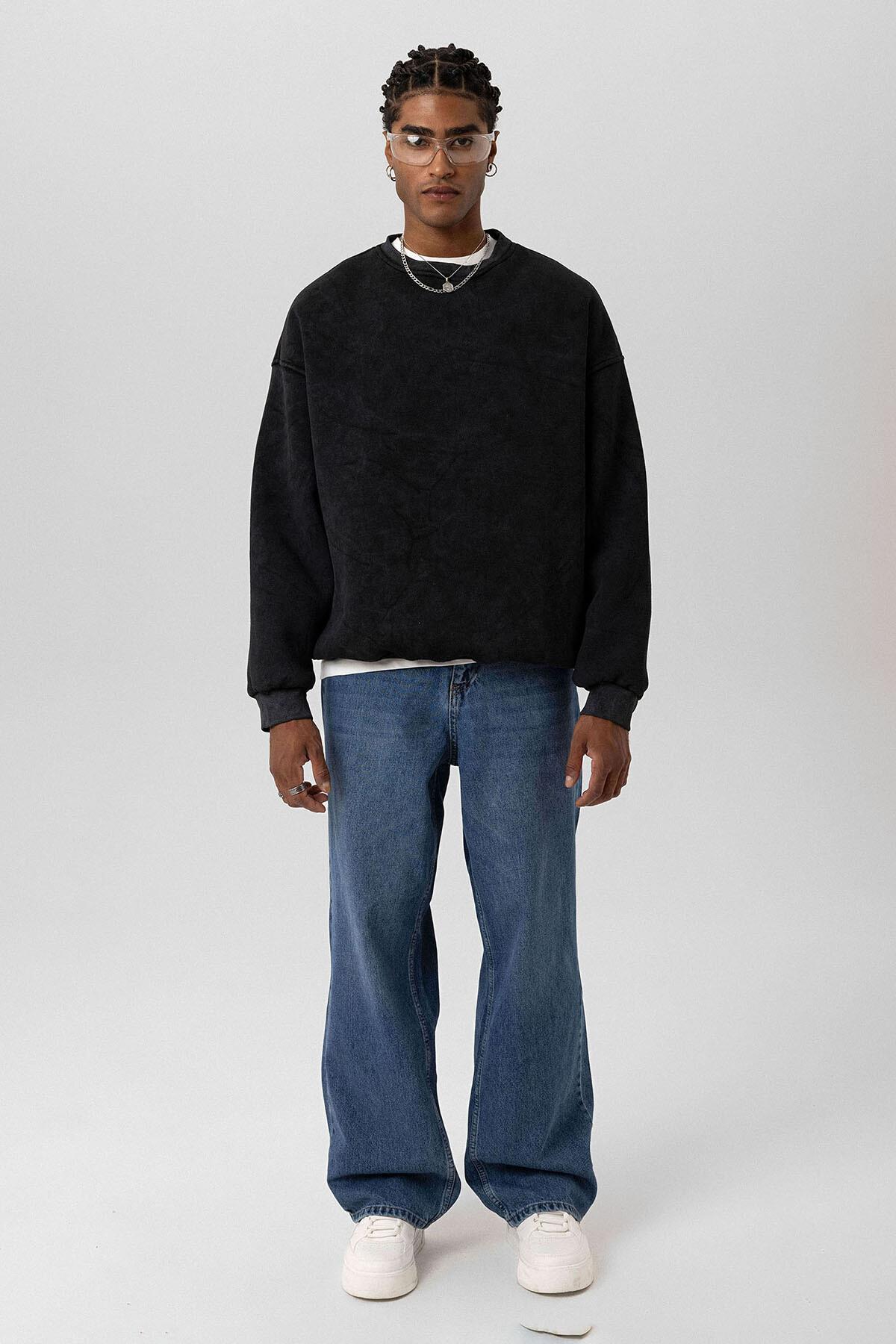 Yıkamalı Basıc Oversize Sweatshirt Siyah