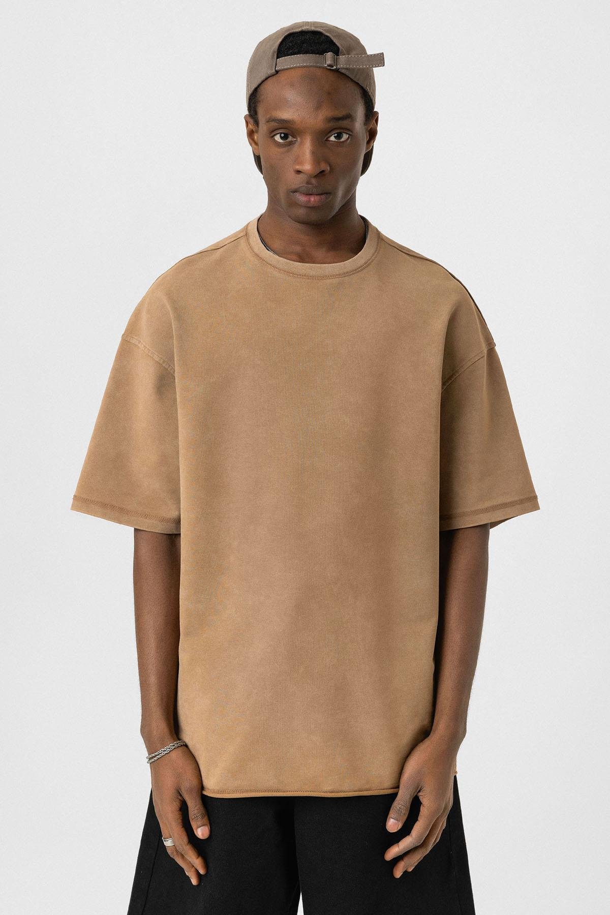 Yıkamalı Basic Oversize Tişört Camel