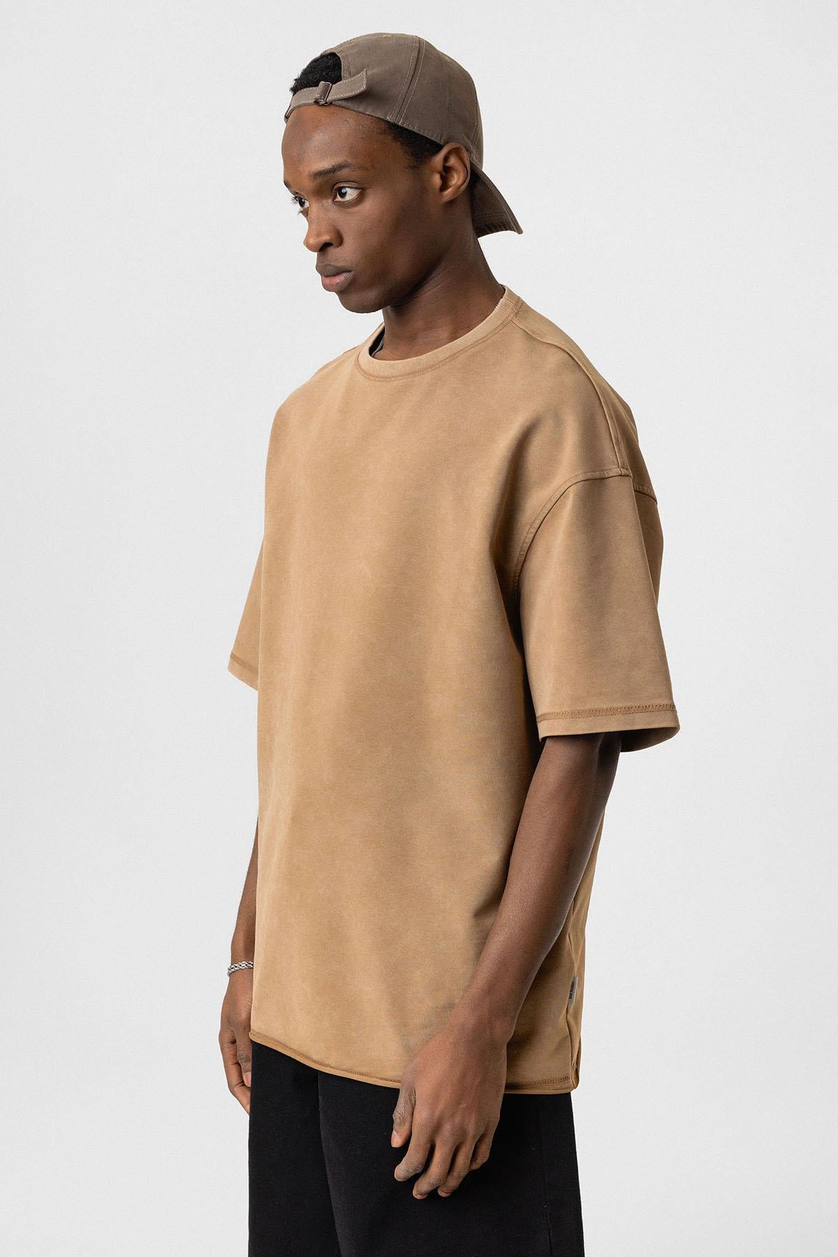 Yıkamalı Basic Oversize Tişört Camel