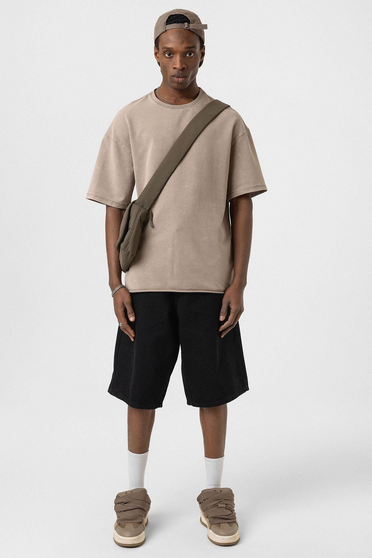 Yıkamalı Basic Oversize Tişört Vizon