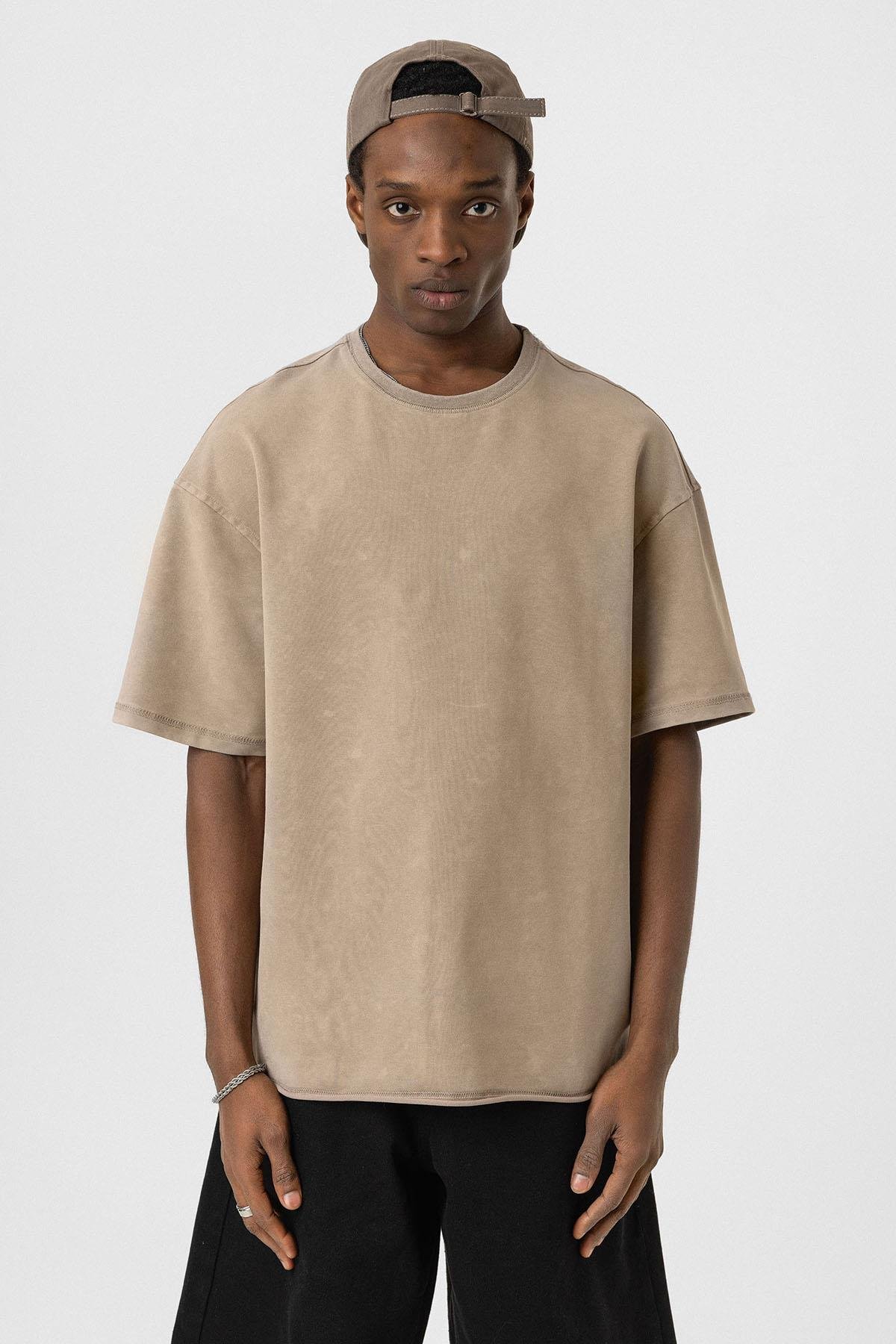 Yıkamalı Basic Oversize Tişört Vizon
