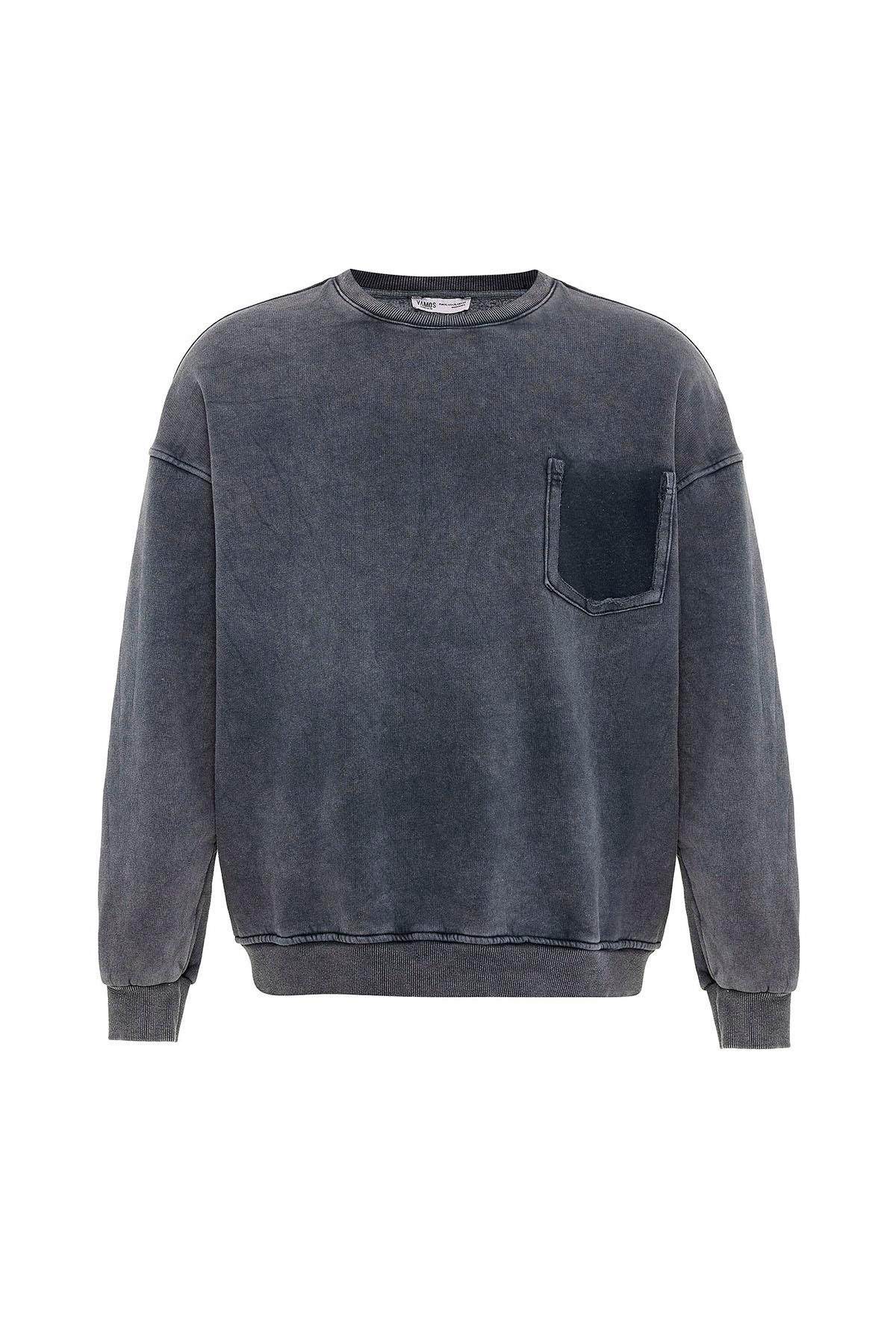 Yıkamalı Cep Detaylı Oversize Sweatshirt Siyah