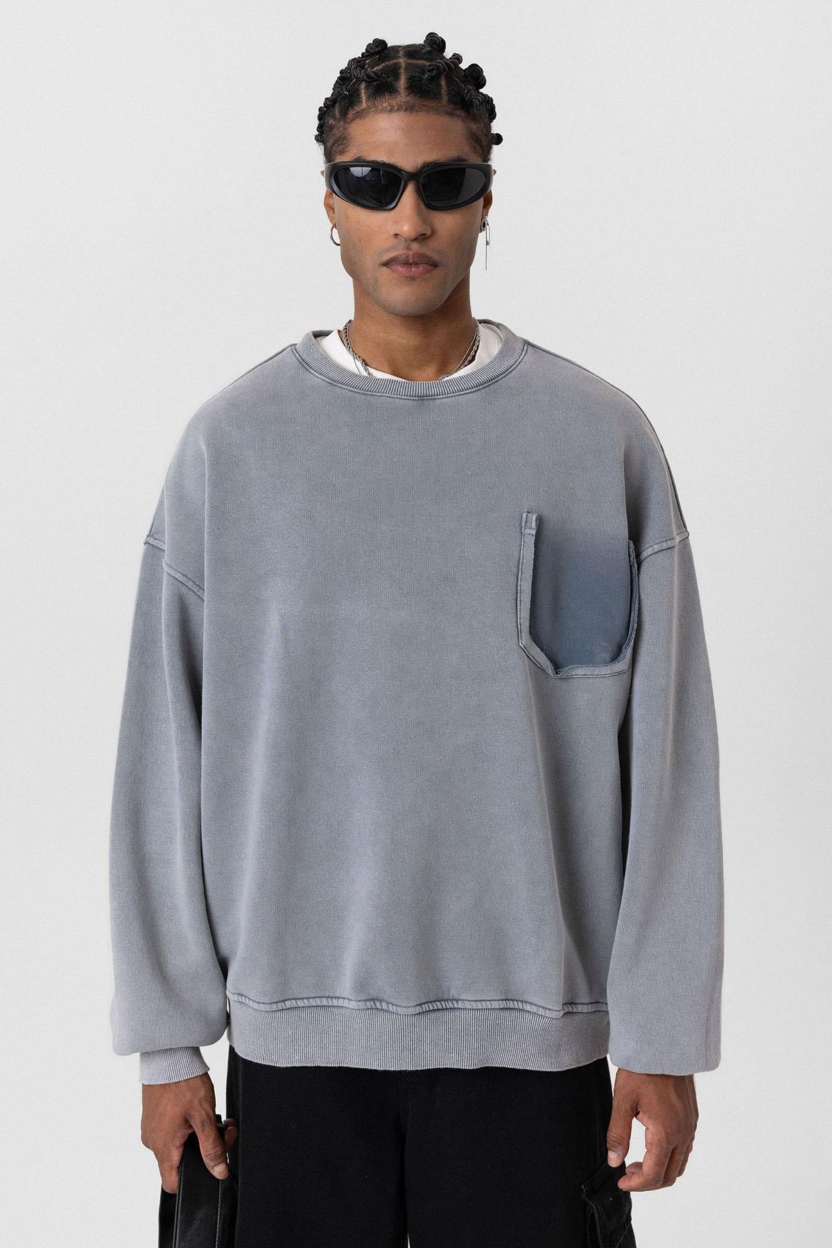 Yıkamalı Cep Detaylı Oversize Sweatshirt Açık Gri
