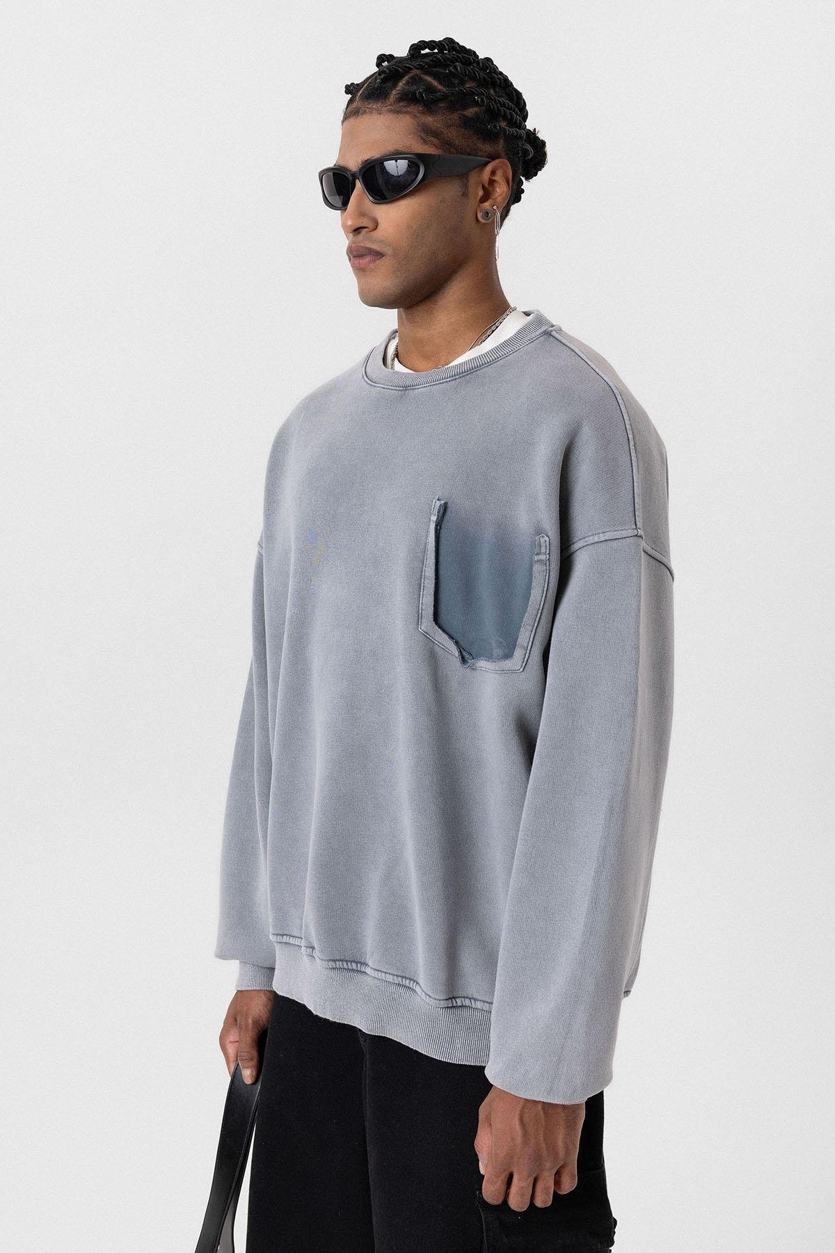 Yıkamalı Cep Detaylı Oversize Sweatshirt Açık Gri