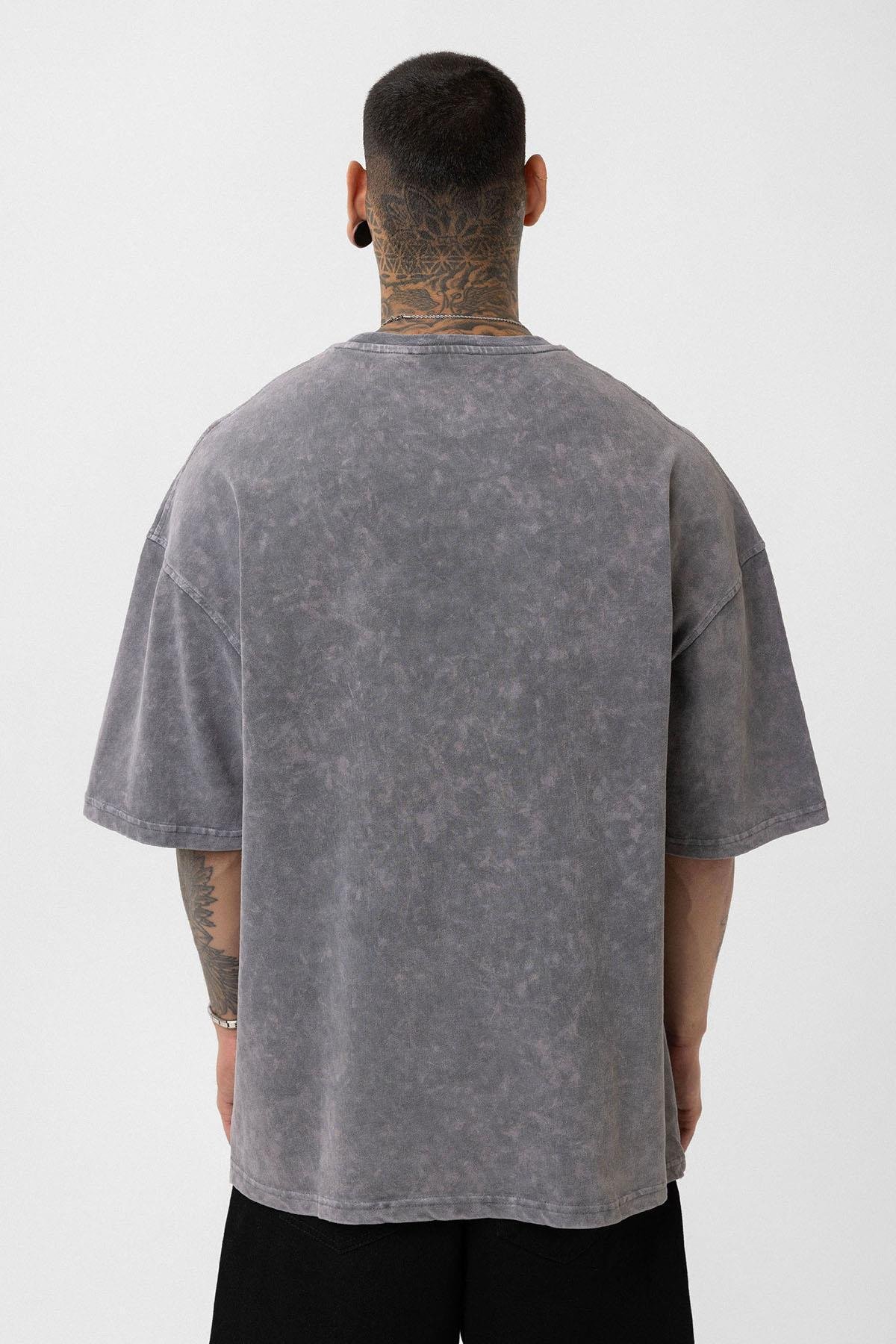 Yıkamalı Cep Detaylı Oversize Tişört Açık Füme