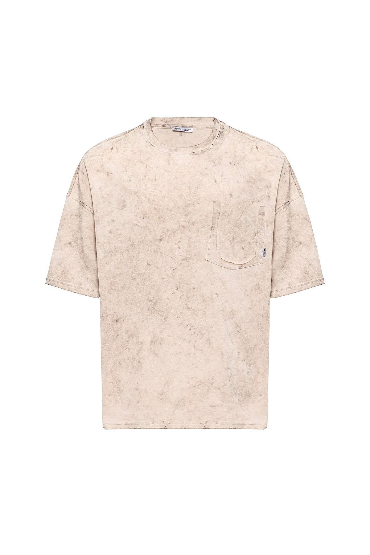 Yıkamalı Cep Detaylı Oversize Tişört Taş