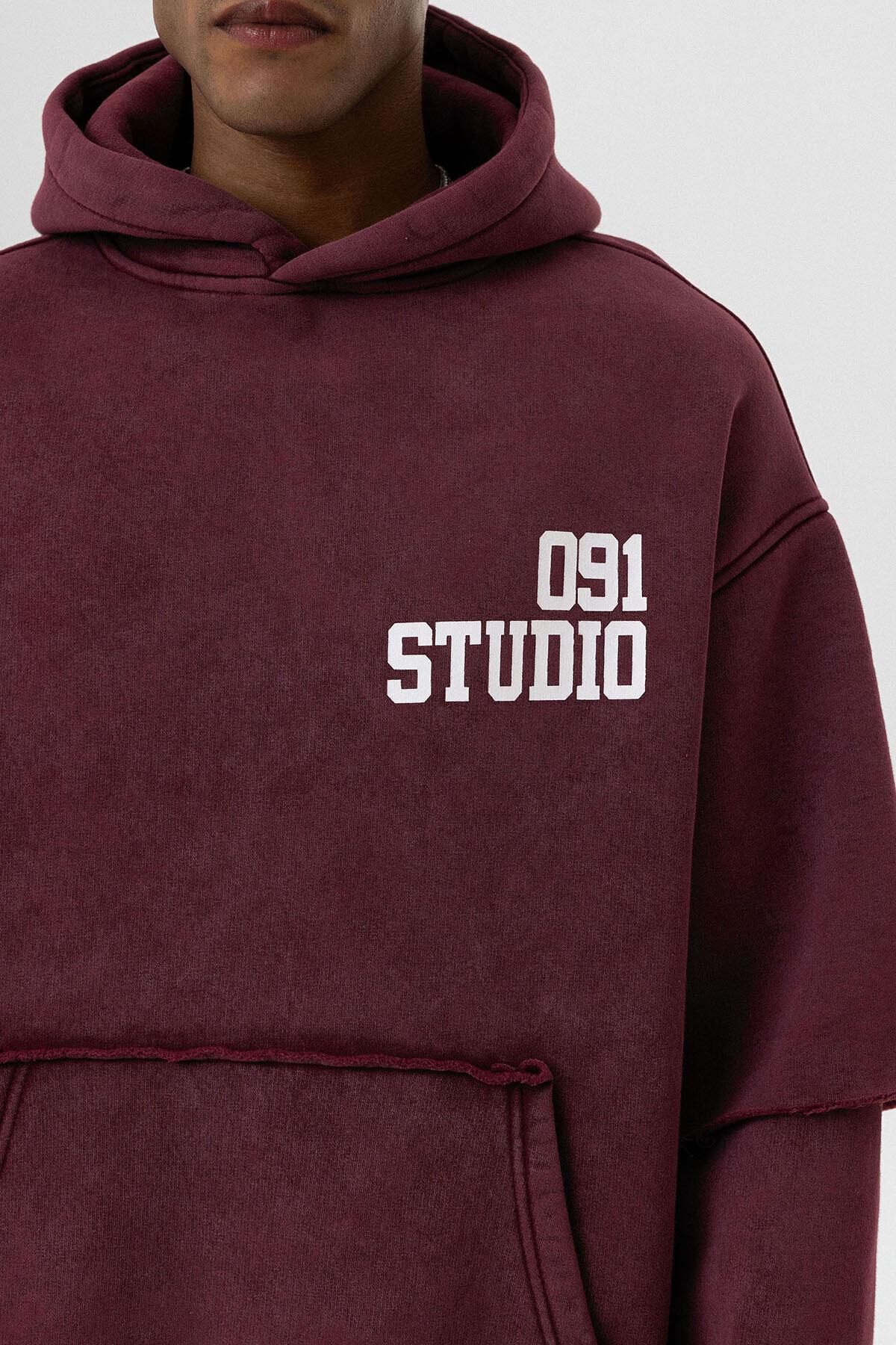 Yıkamalı Çift Kol Detaylı Kapüşonlu Oversize Sweatshirt Bordo
