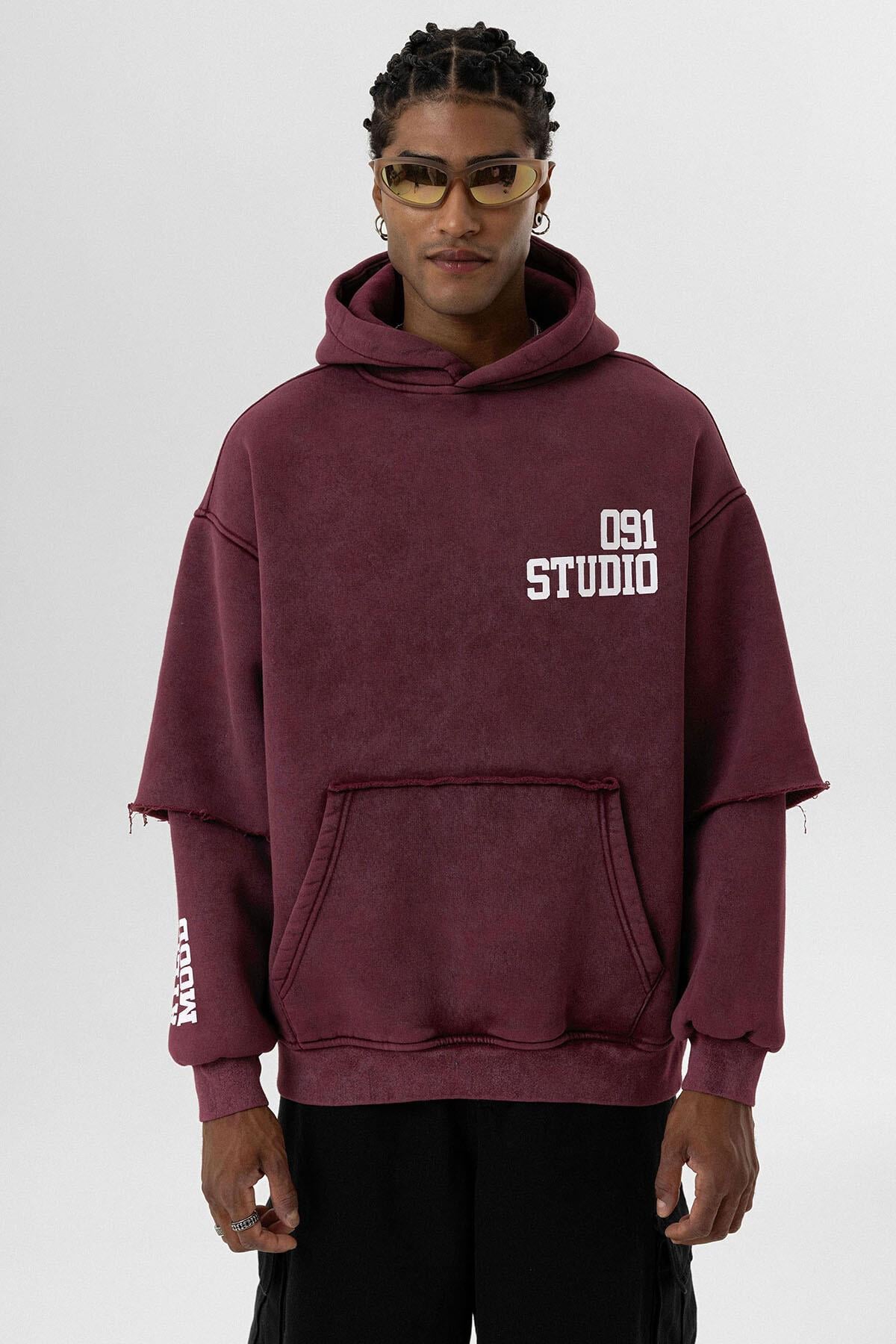 Yıkamalı Çift Kol Detaylı Kapüşonlu Oversize Sweatshirt Bordo