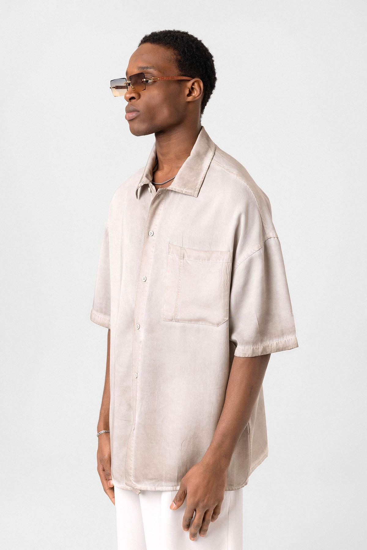 Yıkamalı Kısa Kollu Oversize Gömlek Taş