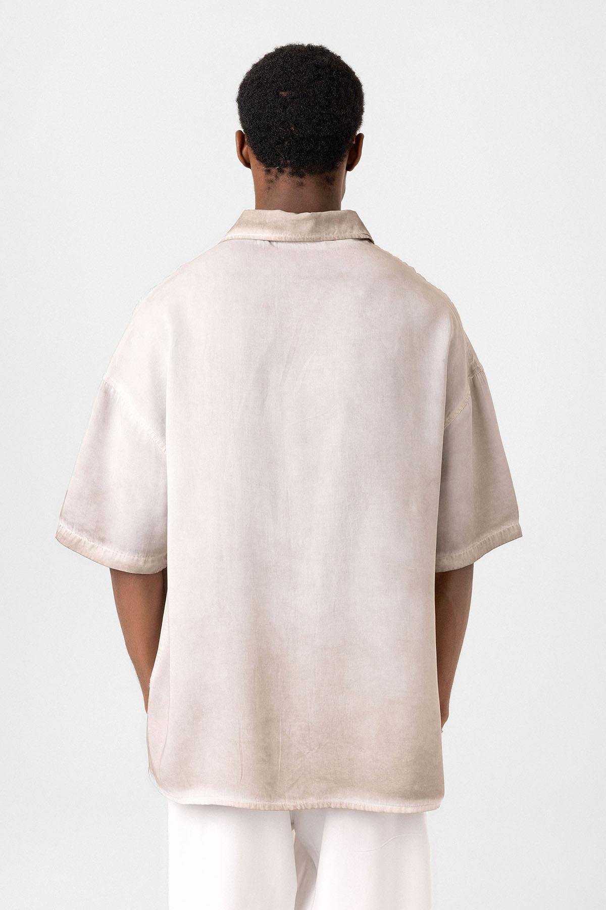 Yıkamalı Kısa Kollu Oversize Gömlek Taş