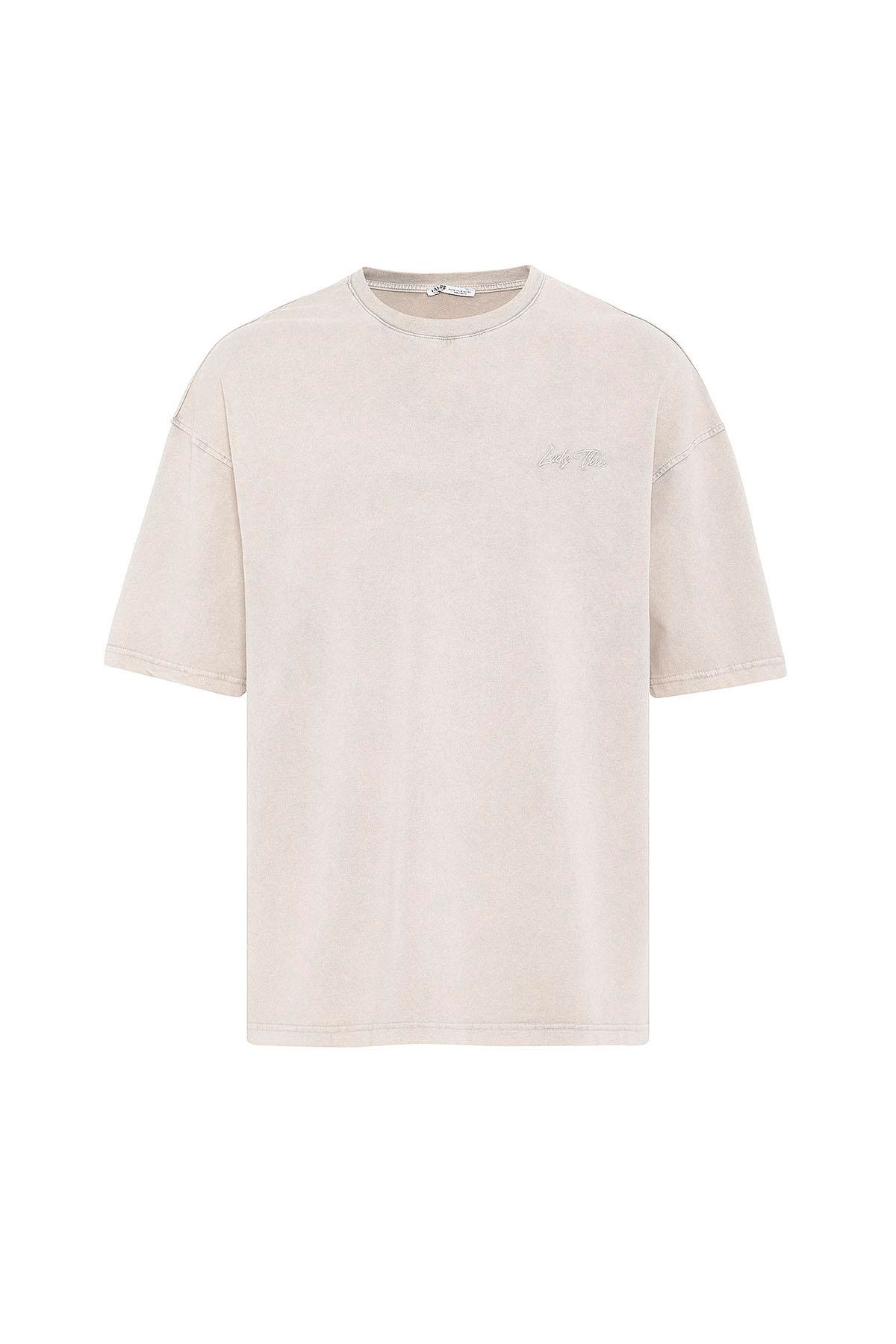 Yıkamalı Oversize Arka Baskılı Tişört Taş