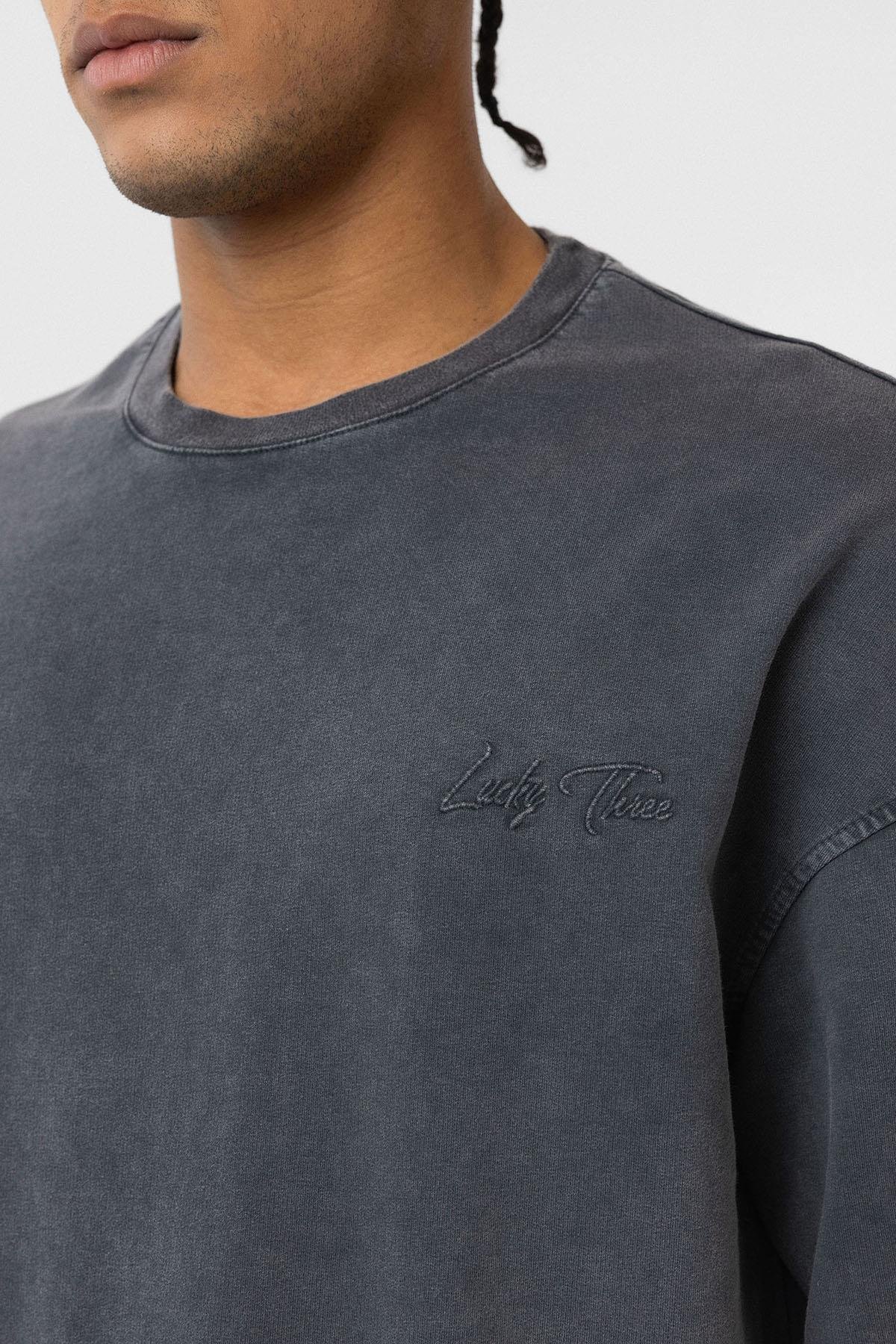 Yıkamalı Oversize Arka Baskılı Tişört Siyah