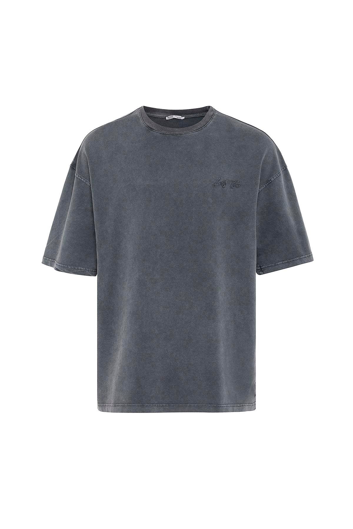 Yıkamalı Oversize Arka Baskılı Tişört Siyah