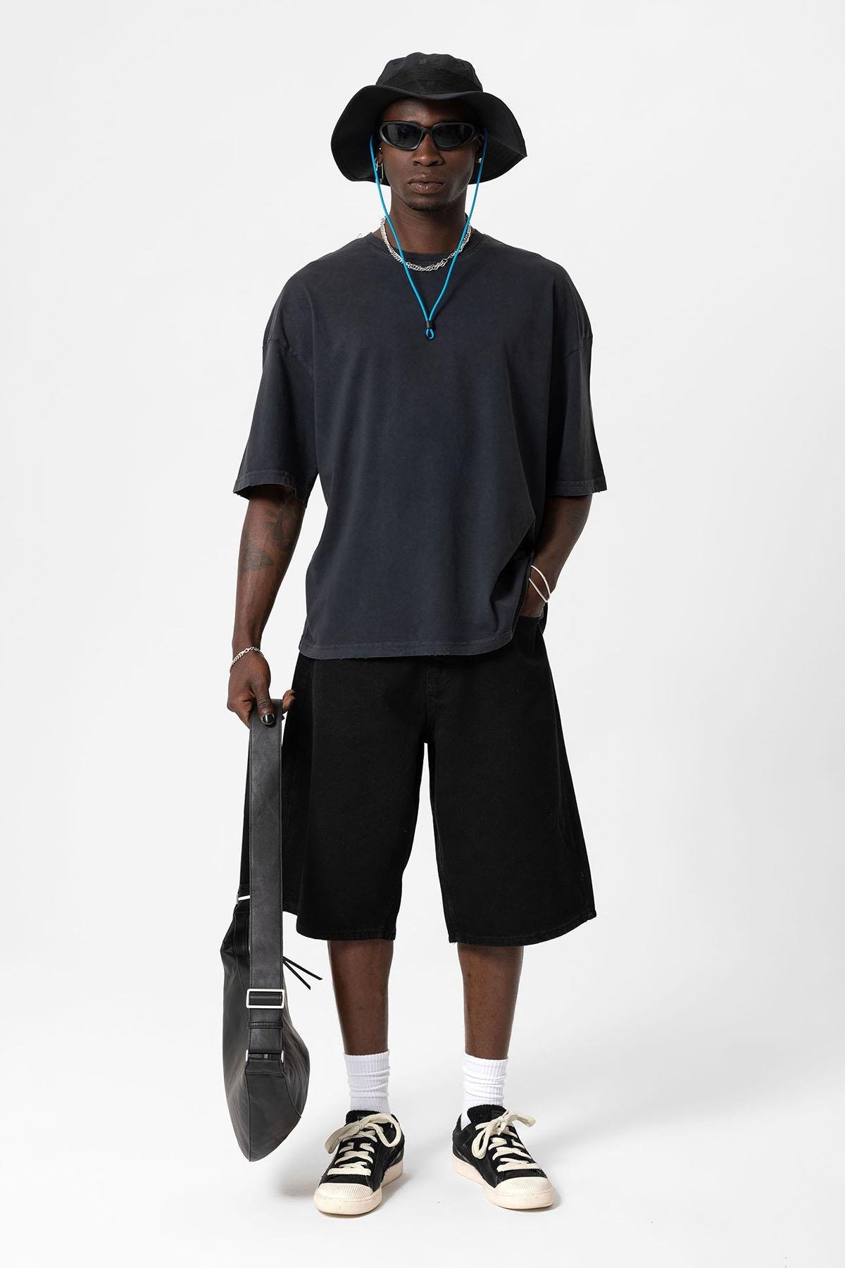 Yıkamalı Oversize Basic Tişört Siyah