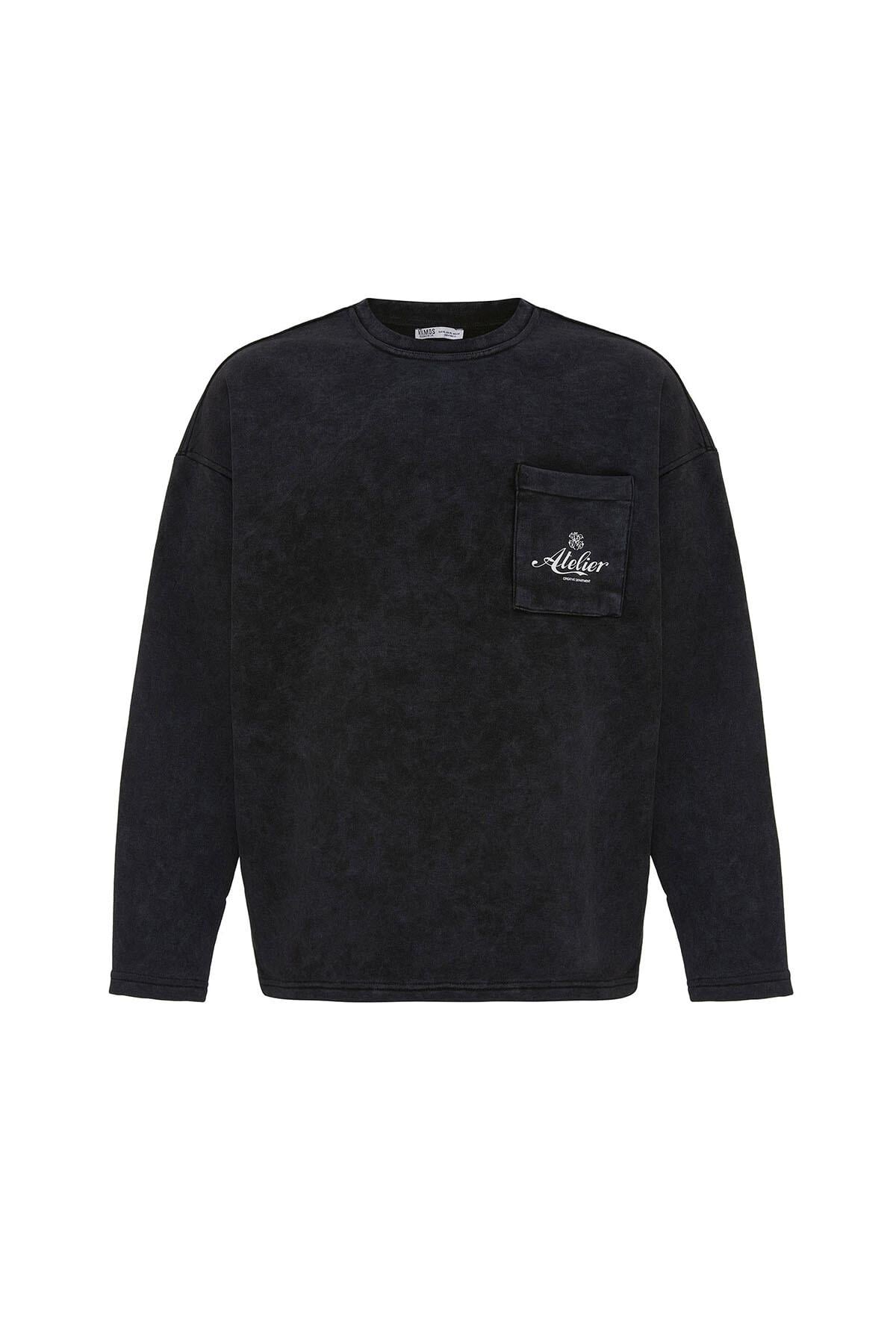 Yıkamalı Oversize Cep Detaylı Sweatshirt Siyah