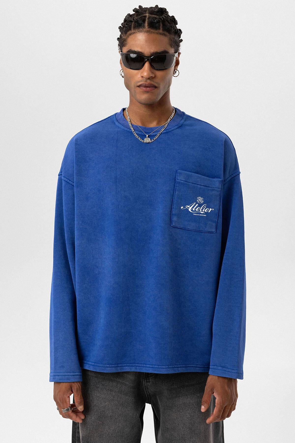 Yıkamalı Oversize Cep Detaylı Sweatshirt Saks