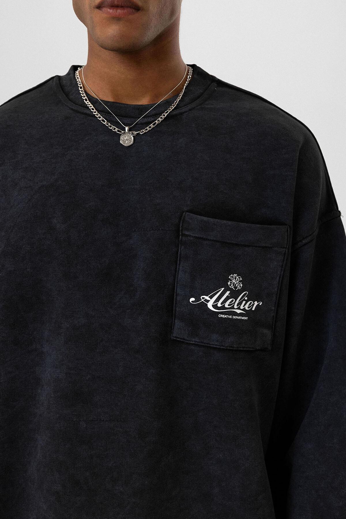 Yıkamalı Oversize Cep Detaylı Sweatshirt Siyah