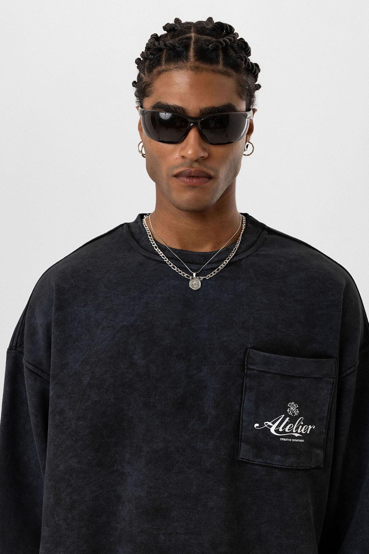 Yıkamalı Oversize Cep Detaylı Sweatshirt Siyah