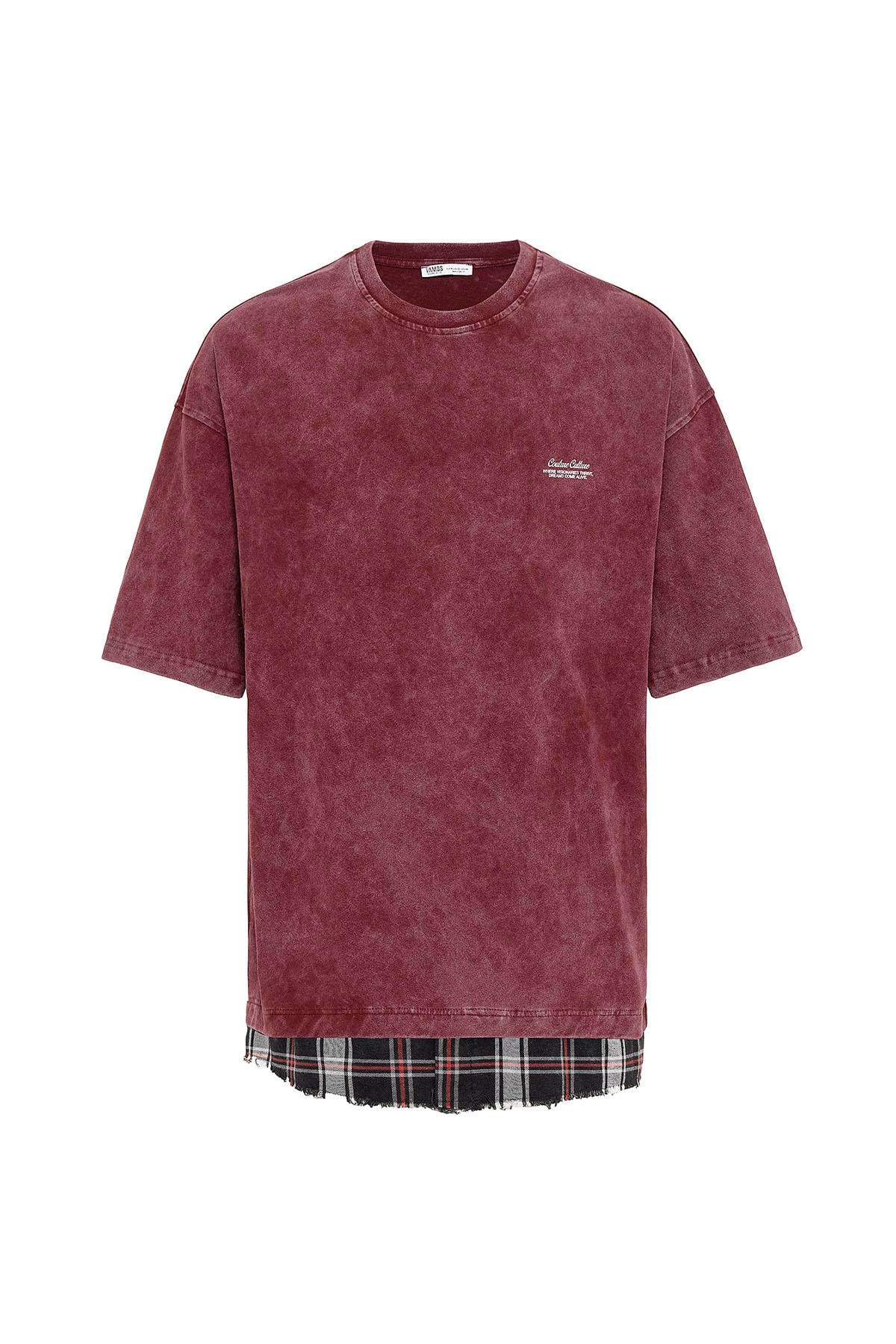 Yıkamalı Oversize Ekose Detaylı Tişört Bordo