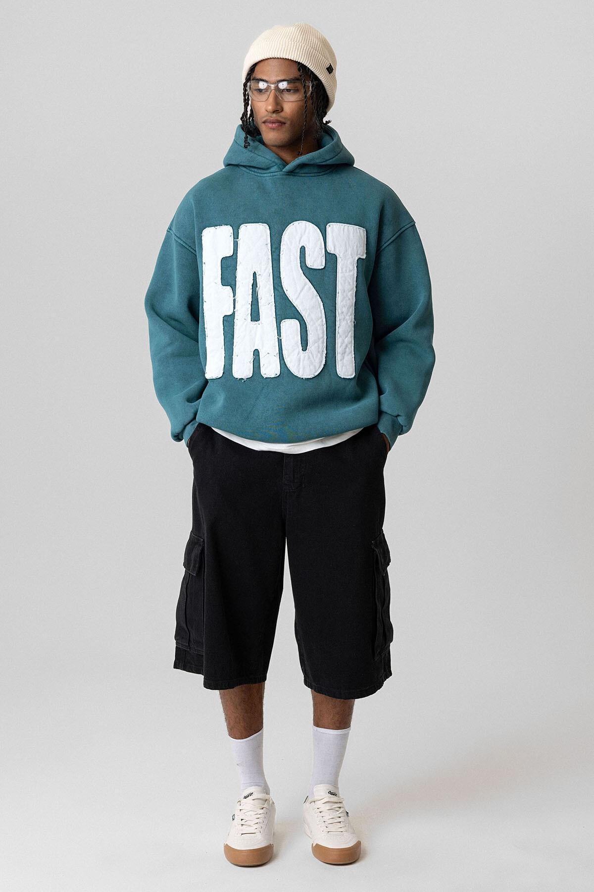 Yıkamalı Oversize Kapüşonlu Sweatshirt Petrol