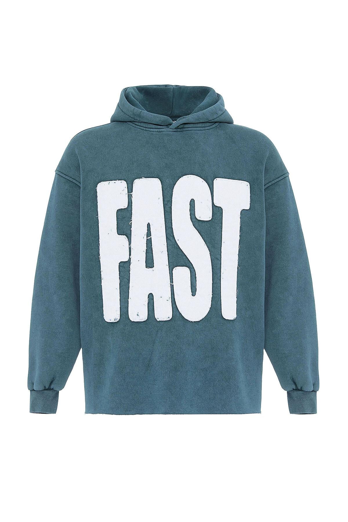 Yıkamalı Oversize Kapüşonlu Sweatshirt Petrol