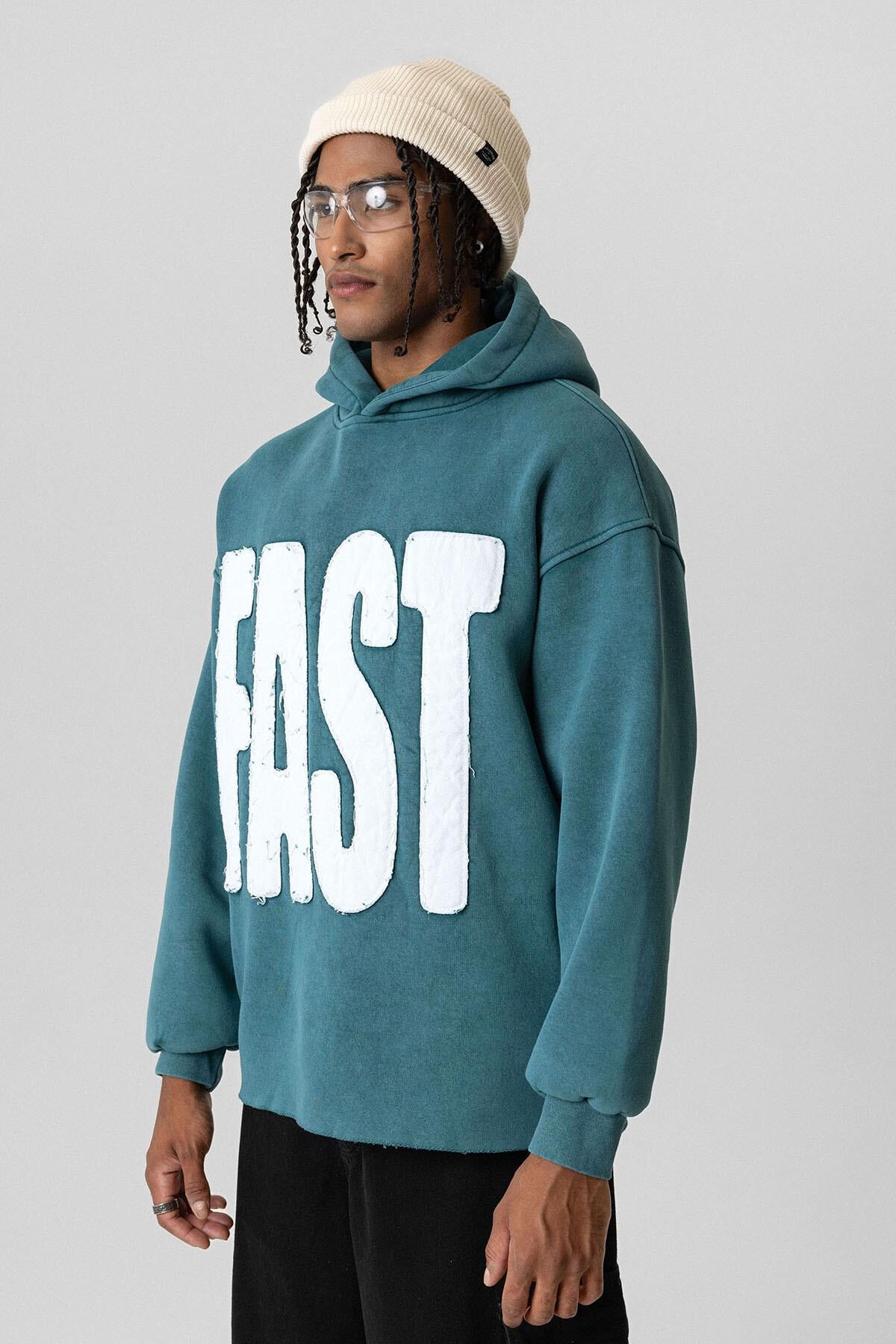 Yıkamalı Oversize Kapüşonlu Sweatshirt Petrol