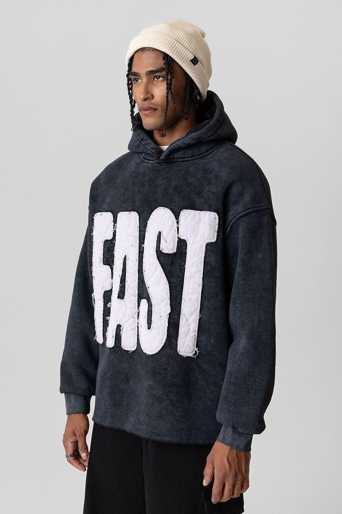 Yıkamalı Oversize Kapüşonlu Sweatshirt Siyah